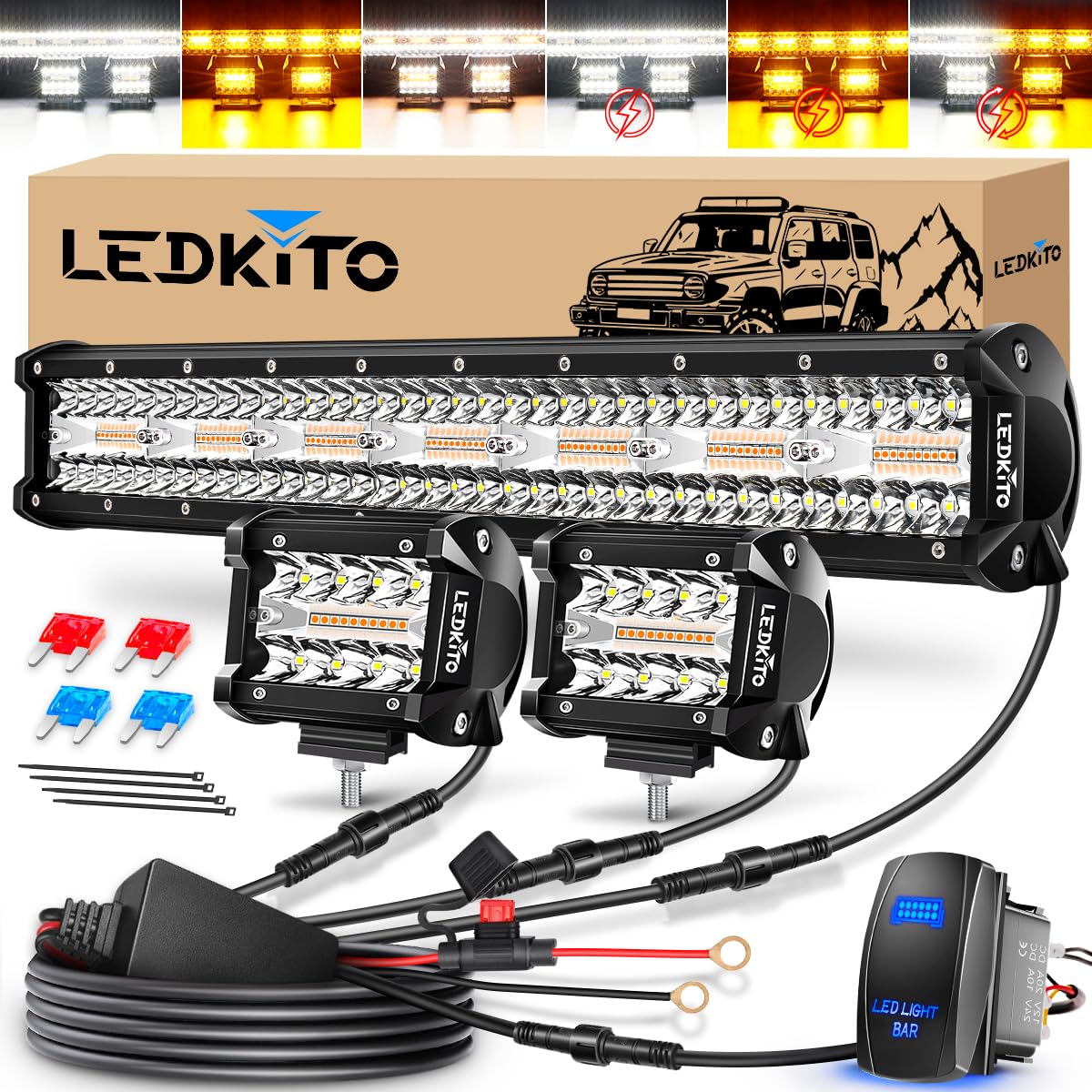 20In LED Light Bar+4In LED Cube Pod Lights Amber White 6Mode Strobe
