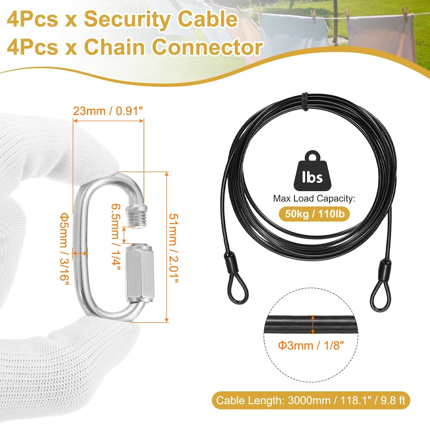 PATIKIL Security Cable Lock (1/8" Dia 9.8ft, Black)(4 Set) Vinyl Coated 304 Stainless Steel Double Loop Flexible Wire Rope Safety Cable with Quick Links Locking Connectors