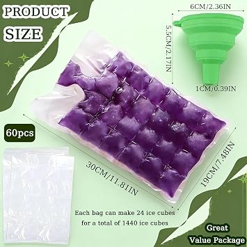 60 Pack Ice Cube Bags (1440 Cubes) with Silicone Funnel, Self-Sealing Leak-Proof Design, Perfect for Cocktails, BBQs, Parties & Food Storage, Space-Saving Reusable Freezer Bags