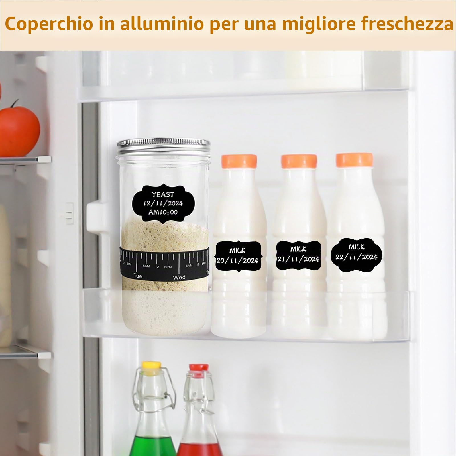 DONQL Barattolo per Lievito Madre in Vetro, 730ML Starter Kit di Lievito, Contenitore Lievito Madre di Vetro con Termometro, Raschietto in Silicone, Misurino, Kit Lievito Madre per Panificazione Casa