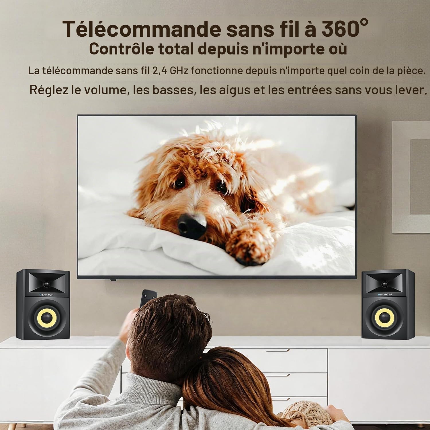 Sanyun SW205 Enceintes Bibliothèque 2.0 4”, Scène Sonore Élargie, Dual-DSP | DAC 24 bits Intégré, Bluetooth 5.4/Optique/AUX, Woofer Fibre de Verre 80W 10cm, Tweeter Soie, Télécommande RF (Paire, Noir)