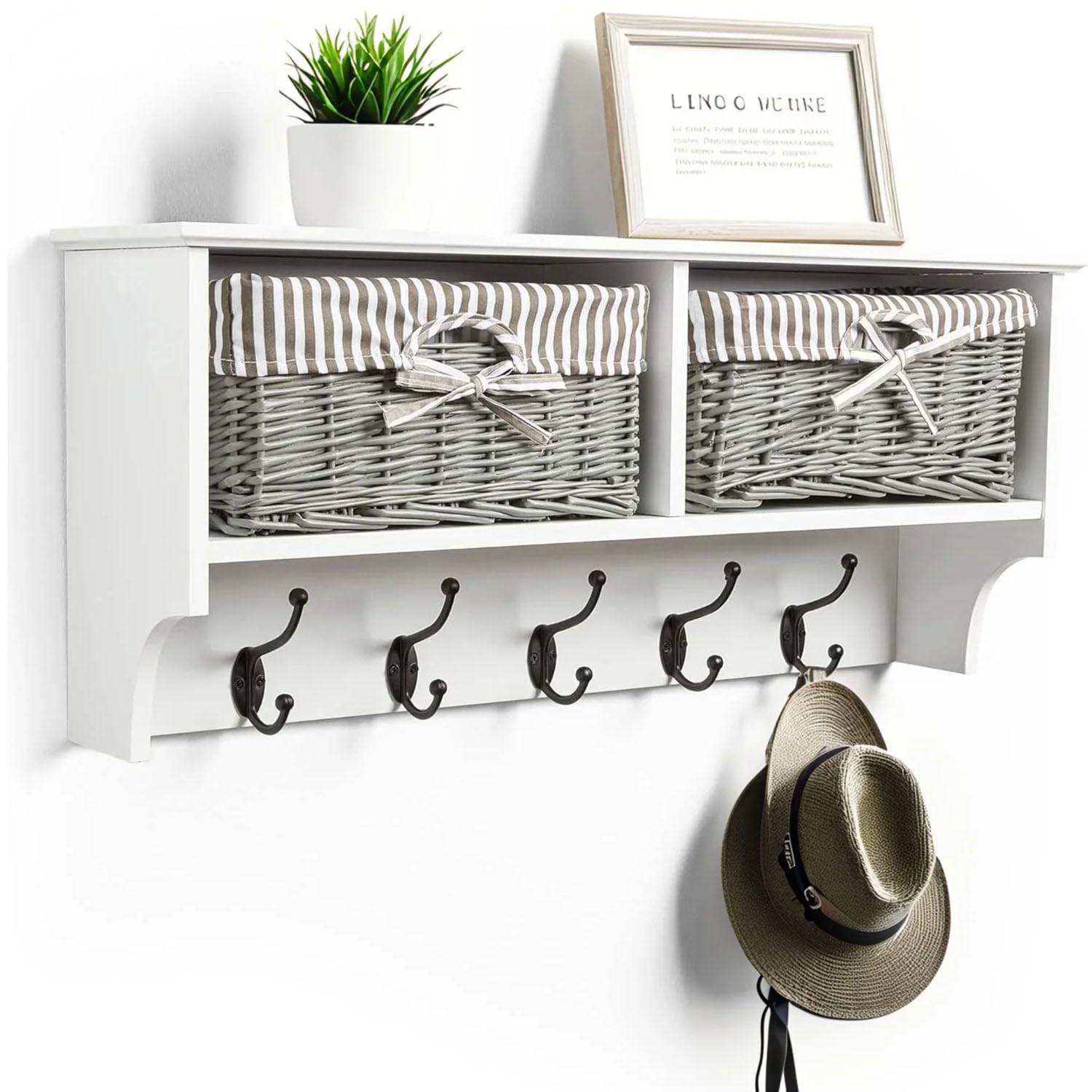 Taylor & Brown Wall Mounted Coat Rack – White Shelf with 2 Grey Wicker Baskets & 5 Double Hooks – Hallway Storage & Entryway Organiser for Coats, Bags & Scarves