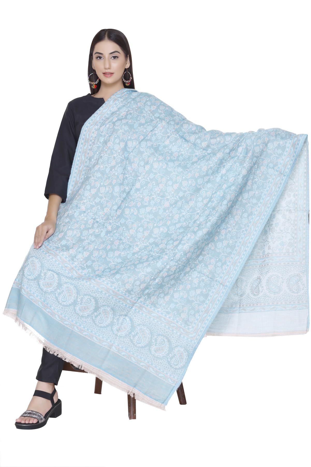 Women's Floral Printed Shawl with Fringe Trim, Green-picture-23