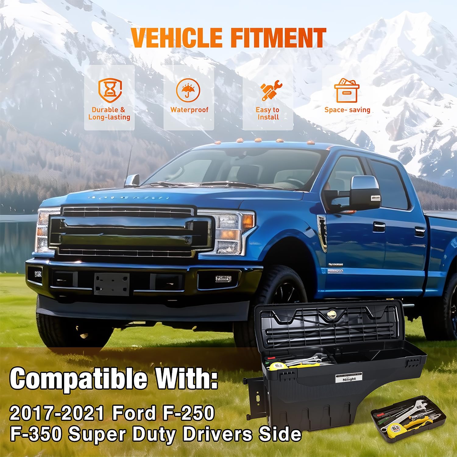 Nilight Truck Bed Tool Box Left Drivers Side Truck Tool Box Fit for Ford F-250/350 Super Duty 2017-2021 ABS Swing Case Truck Bed Storage Box with Lockable Lid Waterproof Wheel Well Toolbox Black