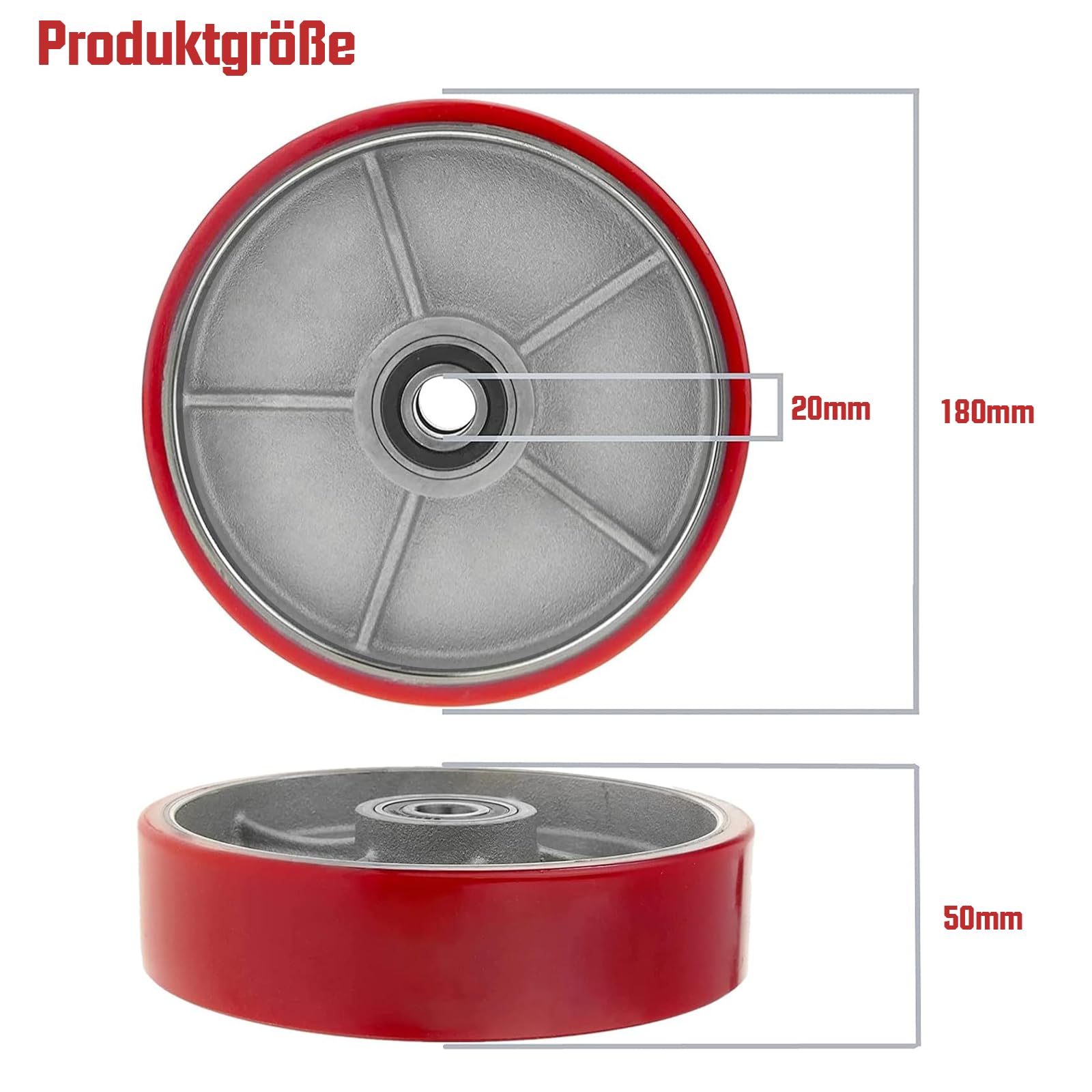 2 pieza Ruedas para Transpaleta de Poliuretano 180 x 50mm, Eje de 20 mm, incluye Rodamiento de Bolas, Carga máxima 3000 kg