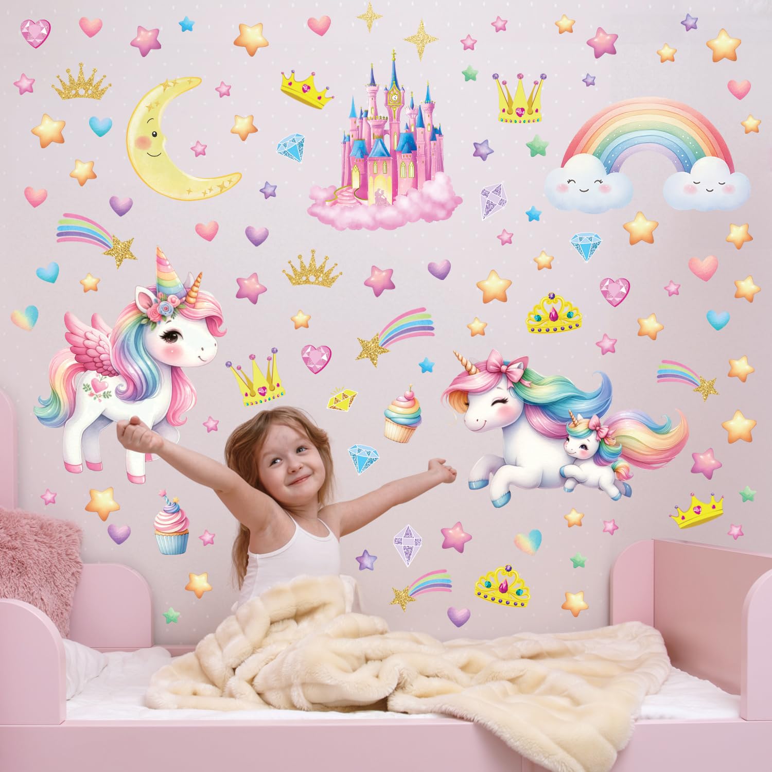 DECOWALL Glow in the Dark Unicorn Wall Stickers, Magical Rainbow Star Castle Wall Decals - Image 3