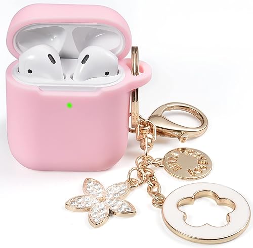 OLEBAND Funda compatible con AirPods de 12 generación con bonito llavero brillante, funda de silicona compatible con Apple Air podiPod 2 y 1 Gen