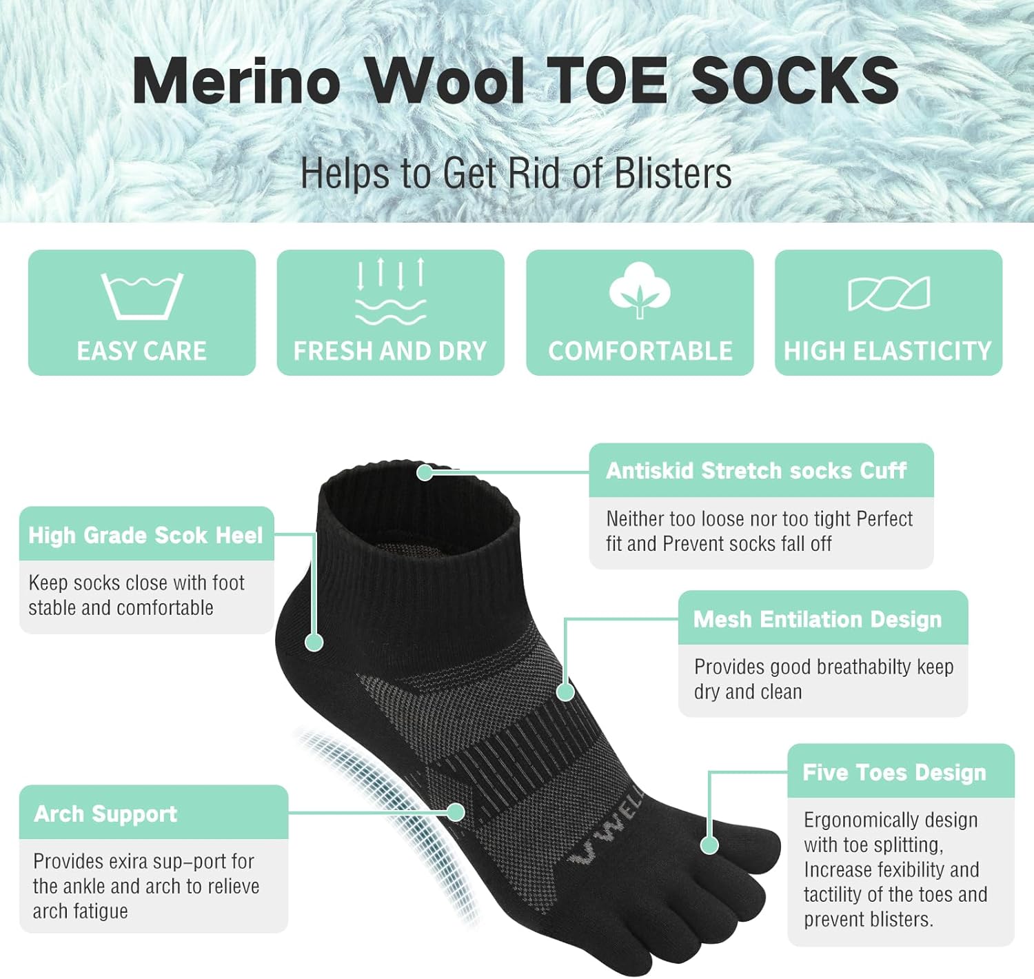 VWELL Merino Wool Toe Socks for Men and Women, Moisture Wicking Ankle Five Finger socks Athletic Running (3Pairs) - Image 3