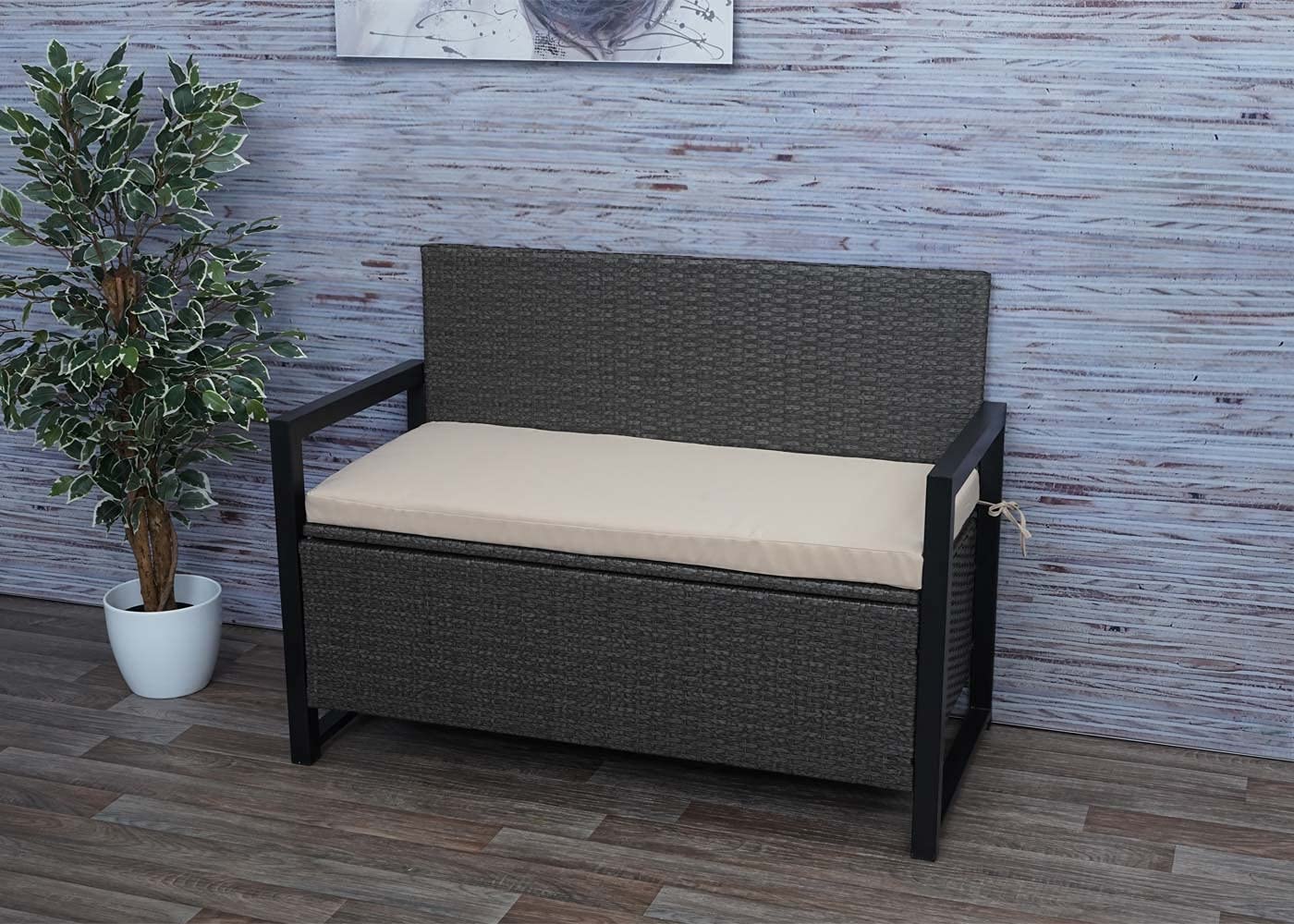 Mendler Banco de 2 plazas HWC-F39 de polirratán, banco de jardín, baúl, compartimento de almacenamiento, cojín de almacenamiento, color gris, cojín beige