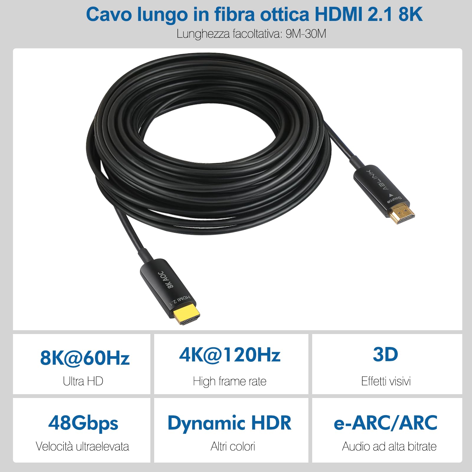 Ablink 8K Cavo HDMI Fibra Ottica 15m,HDMI 2.1 Velocità Ultra Alta 48Gbps Cavi CL3,Supporto 8K@60Hz, 4K@120Hz,HDR10, HDCP2.3, eARC,Home Theatre, Installazione a parete,Compatibile con PS5,HDTV,Monitor