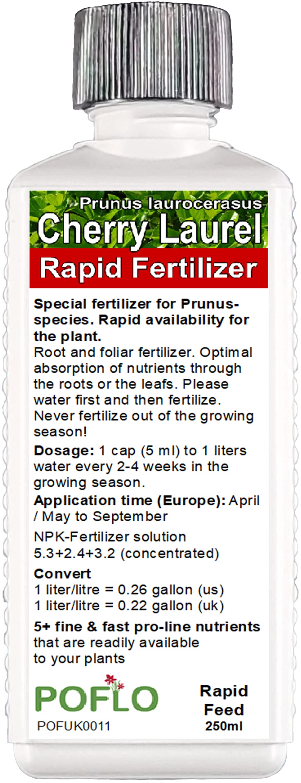 POFLO Cherry Laurel - Prunus laurocerasus Liquid Fertilizer HighTech NPK Plant Food - Root, Soil, Foliar Fertiliser (250ml)