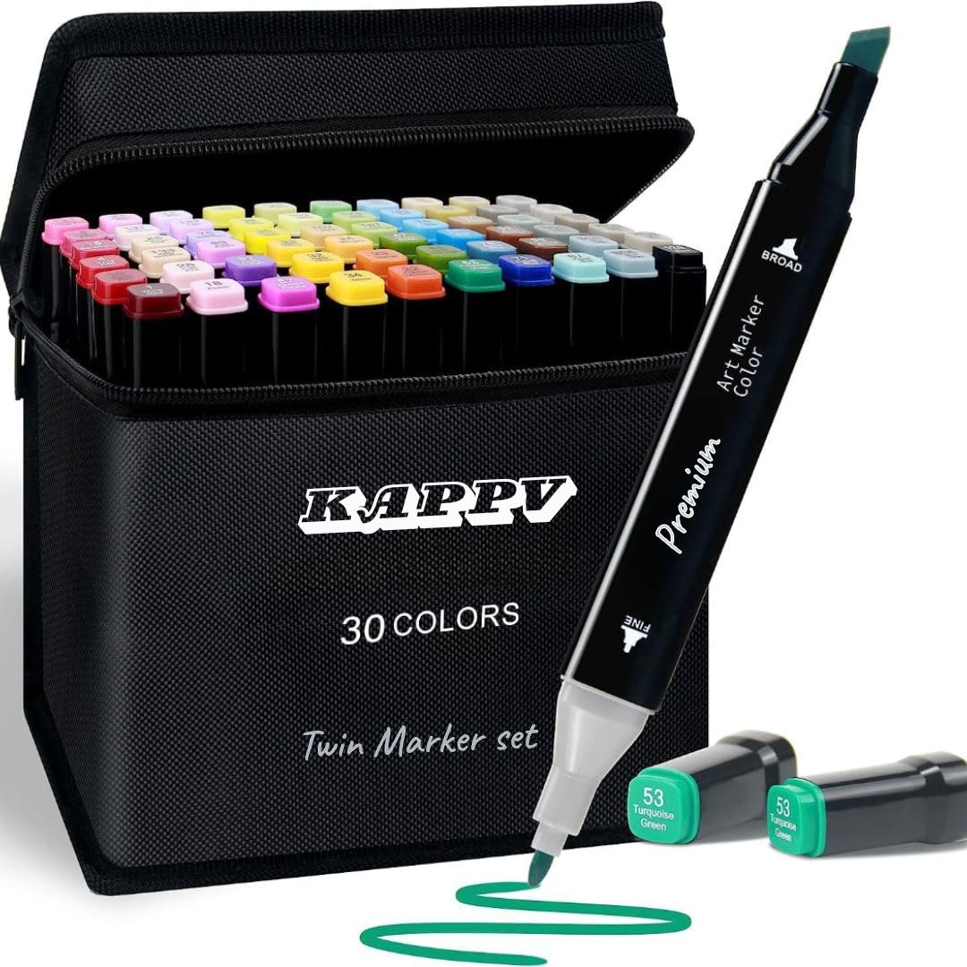 KAPPV Dual Tip Art Markers Sketch Pens 30 Colors Set with Carrying Case, Fine & Chisel Tip Coloring Markers for Drawing Sketching Calligraphy Illustration Journaling Scrapbook Craft Supplies