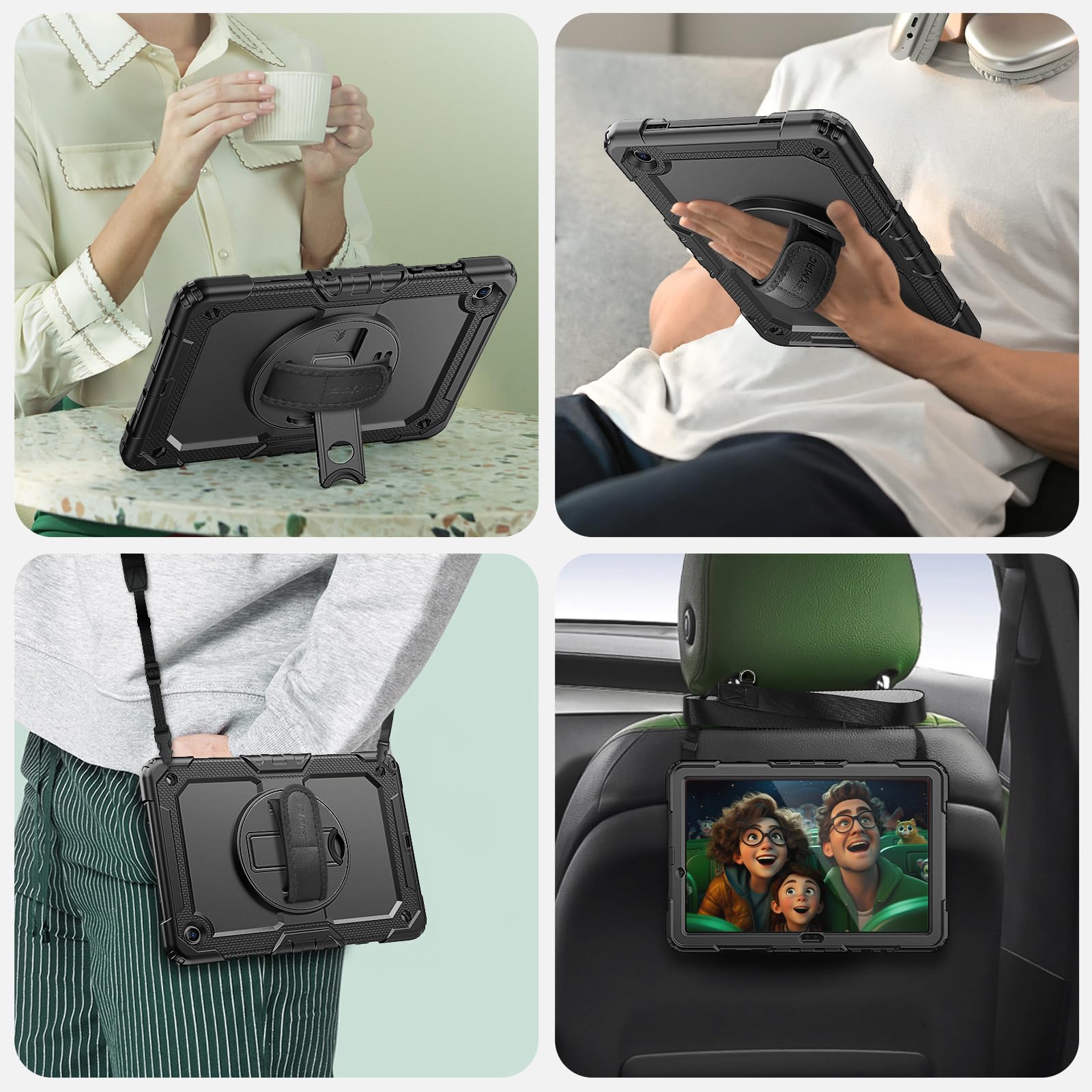 SEYMAC Hülle für Samsung Galaxy Tab A11 Plus 11 Zoll 2025 (SM-X230/X235/X236), Stoßfeste Tab A11+ Hülle mit Displayschutz, 360° Drehbarer Ständer/Handschlaufe, Schultergurt, Stifthalter, Schwarz