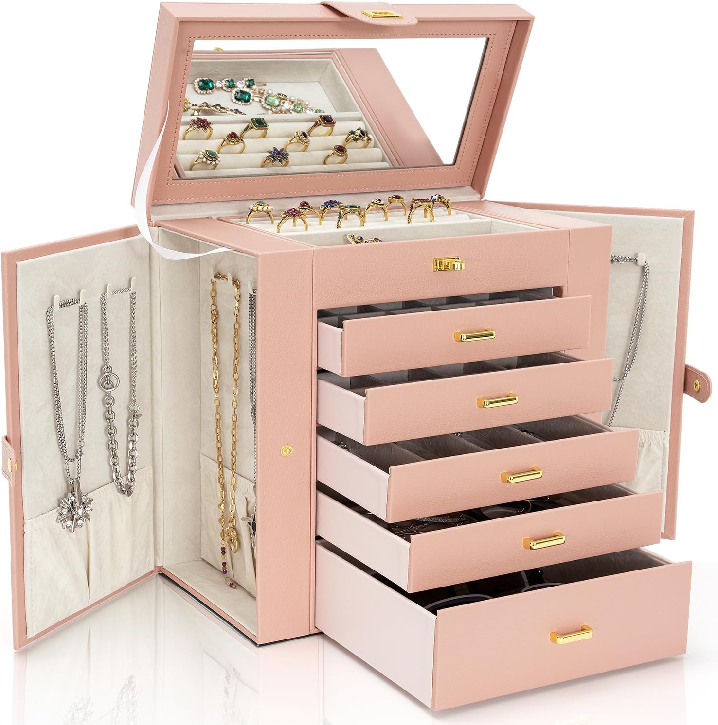 AKOZLIN Extra Large 6-Tier Jewelry Box Organizer Functional Huge, 5 Drawers Leather Jewelry Storage Case for Women Girls Ring Necklace Earring Bracelet Holder Organizer with Mirror Pink