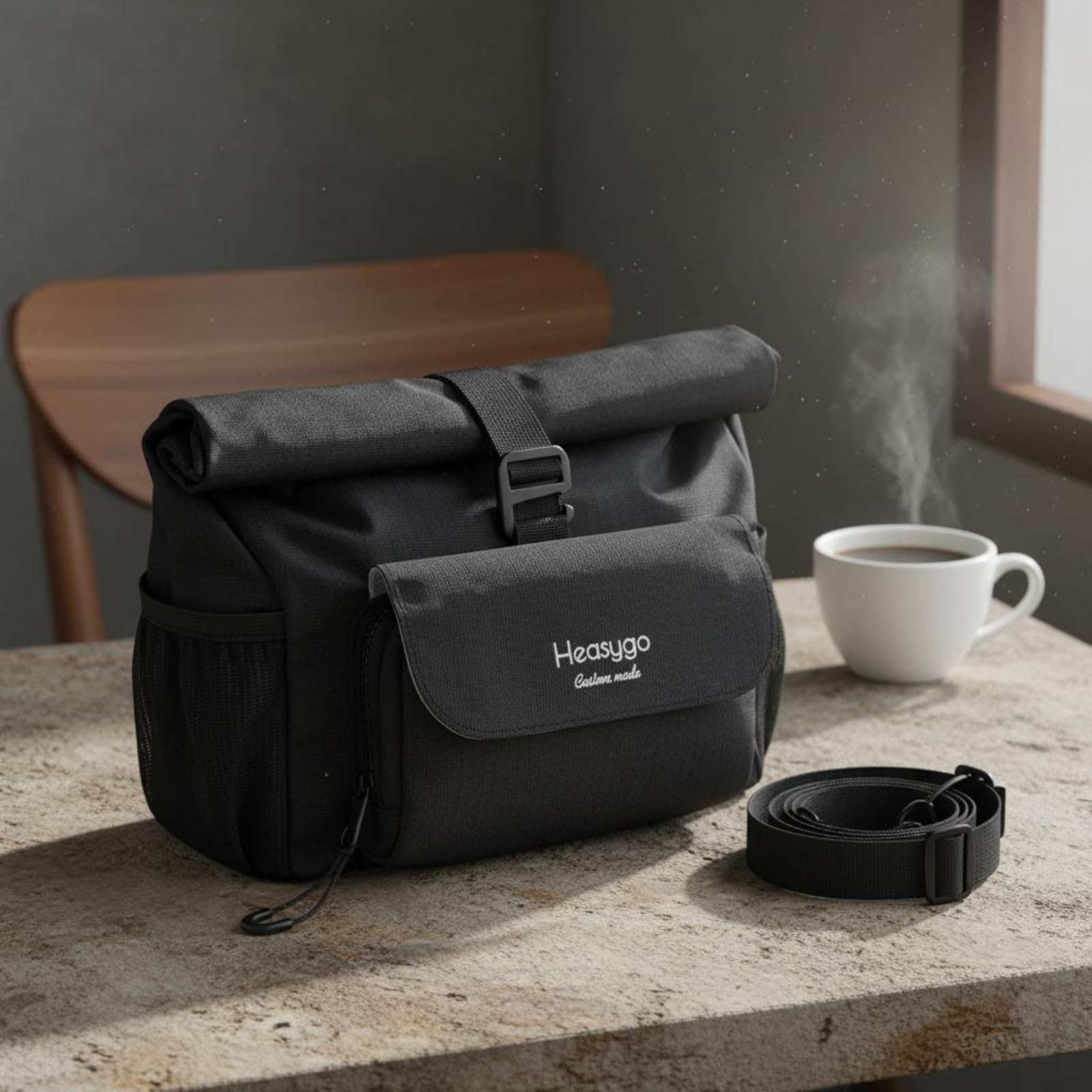 Borsa Anteriore Bicicletta Borsa Manubrio Borsello Borsetta Tela Convertibile con Tracolla Struttura Rigida Pieghevole 5-7L per Pendolarismo, Nero, Nero, 5 Pollici