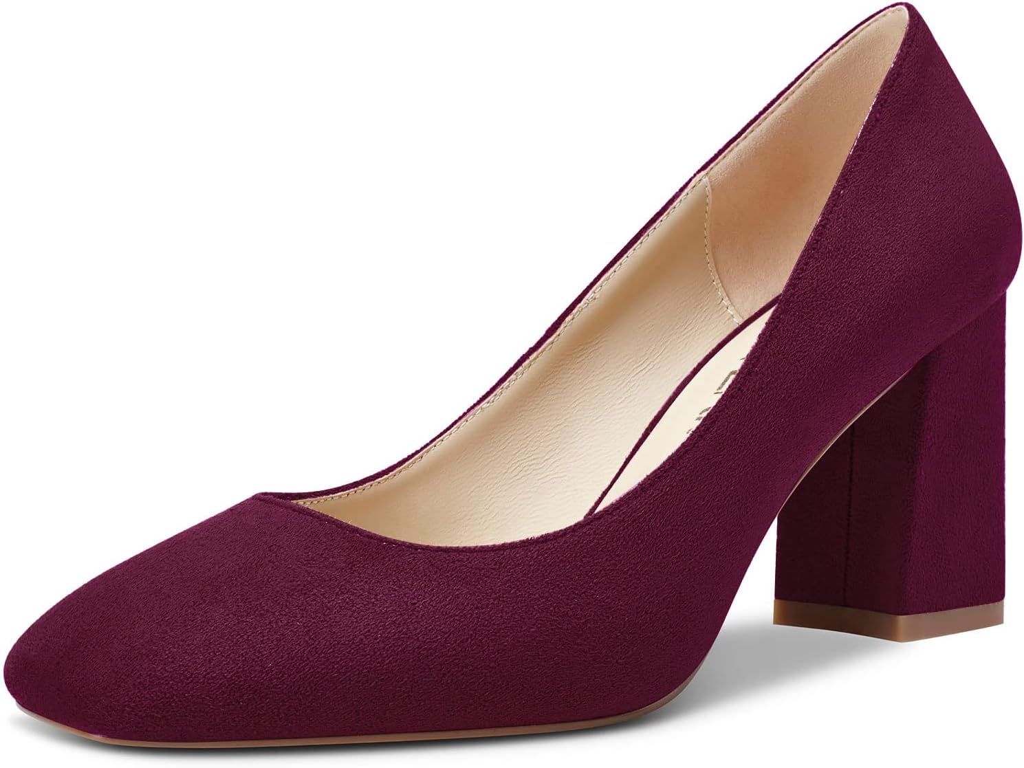 HEUIVZAR Women Pumps Square Toe Block Chunky Mid Heel Slip-on Dress Shoes Suede 3 Inch