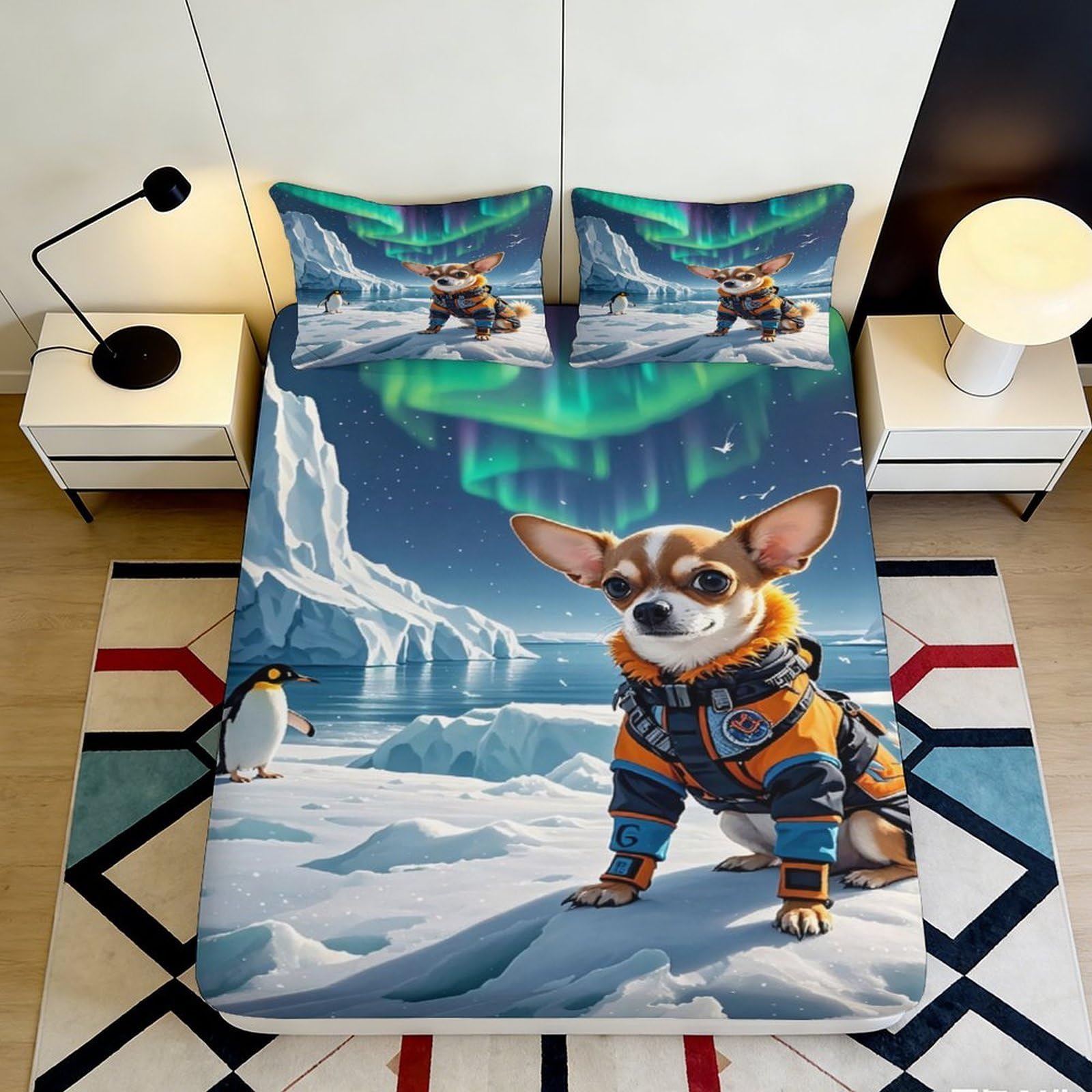 3D Printed Arctic Dog Fitted Sheet Microfiber Soft Breathable Penguin Mattress Cover for Bedroom Dorm Decor 90x200x25cm