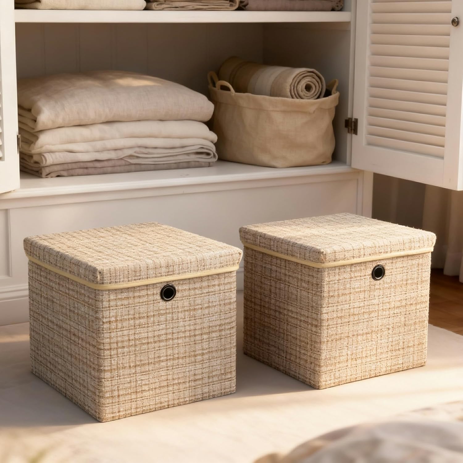 modscape 4-Pack 12"x12" Fabric Cube Storage Bin with Lid, Foldable Collapsible Fabric Storage Bins for Clothes Toys, Sturdy Storage Cube for Bedroom Closet Shelves Home Organization (Shining Beige 4)