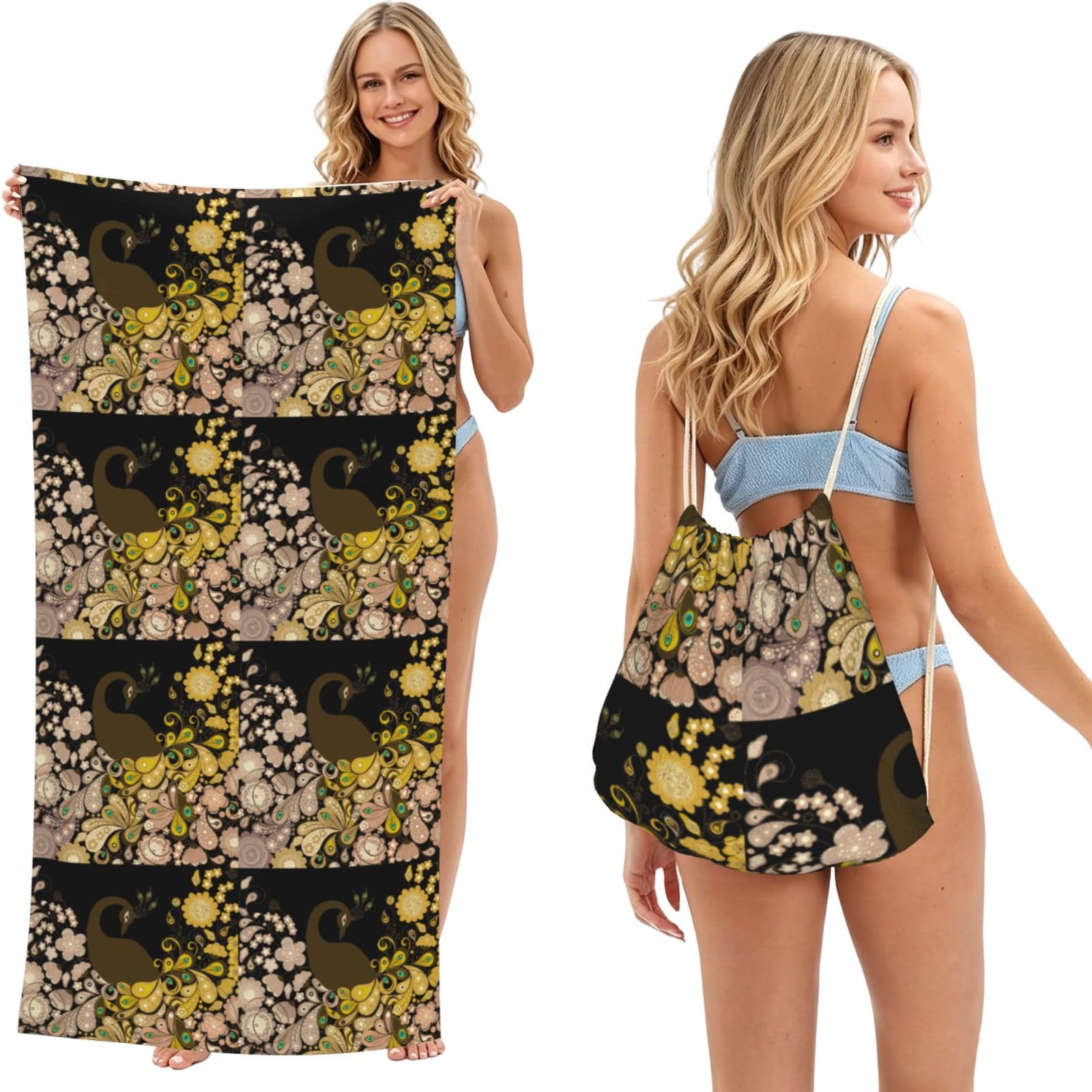 ESNAIUVCD Elegant Peacock Print Beach Towel For Adults,Towel With Drawstring Bag, Travel Pool Swimming Sports Shower Sand Free Quick Dry Bath Towel For Pool, Beach, Yoga- 180x60cm