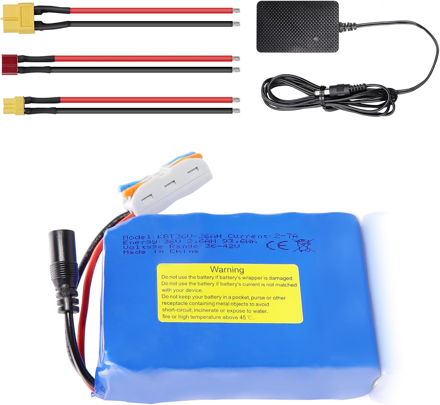KBT 36V 2.6Ah Rechargeable Lithium Battery with Charger, Charging Cable, Cable Connector