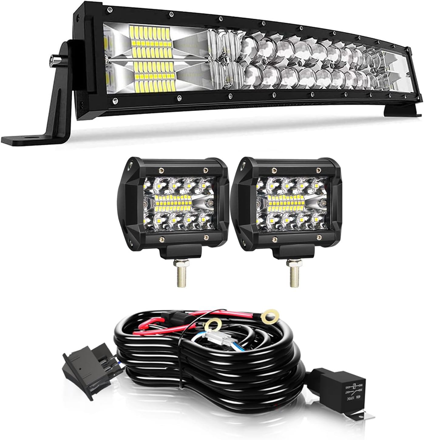 LED Light Bar 22 Inch Curved Led Bar Off Road Light W/ 2pcs 4in 60W LED Pods Fog Lights with Wiring Harness Kit for Trucks ATV UTV Boat