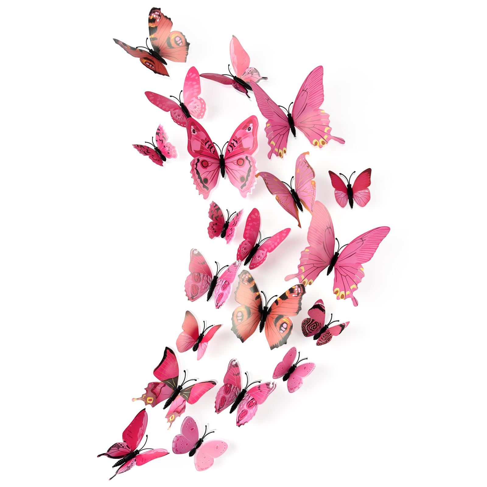 PLULON 48 Stück 3D-Schmetterlings-Wandaufkleber, Schmetterlinge, Schlafzimmer-Wandaufkleber für Mädchen, Kinder, Geburtstag, Mottoparty, Dekorationszubehör (Rosa)