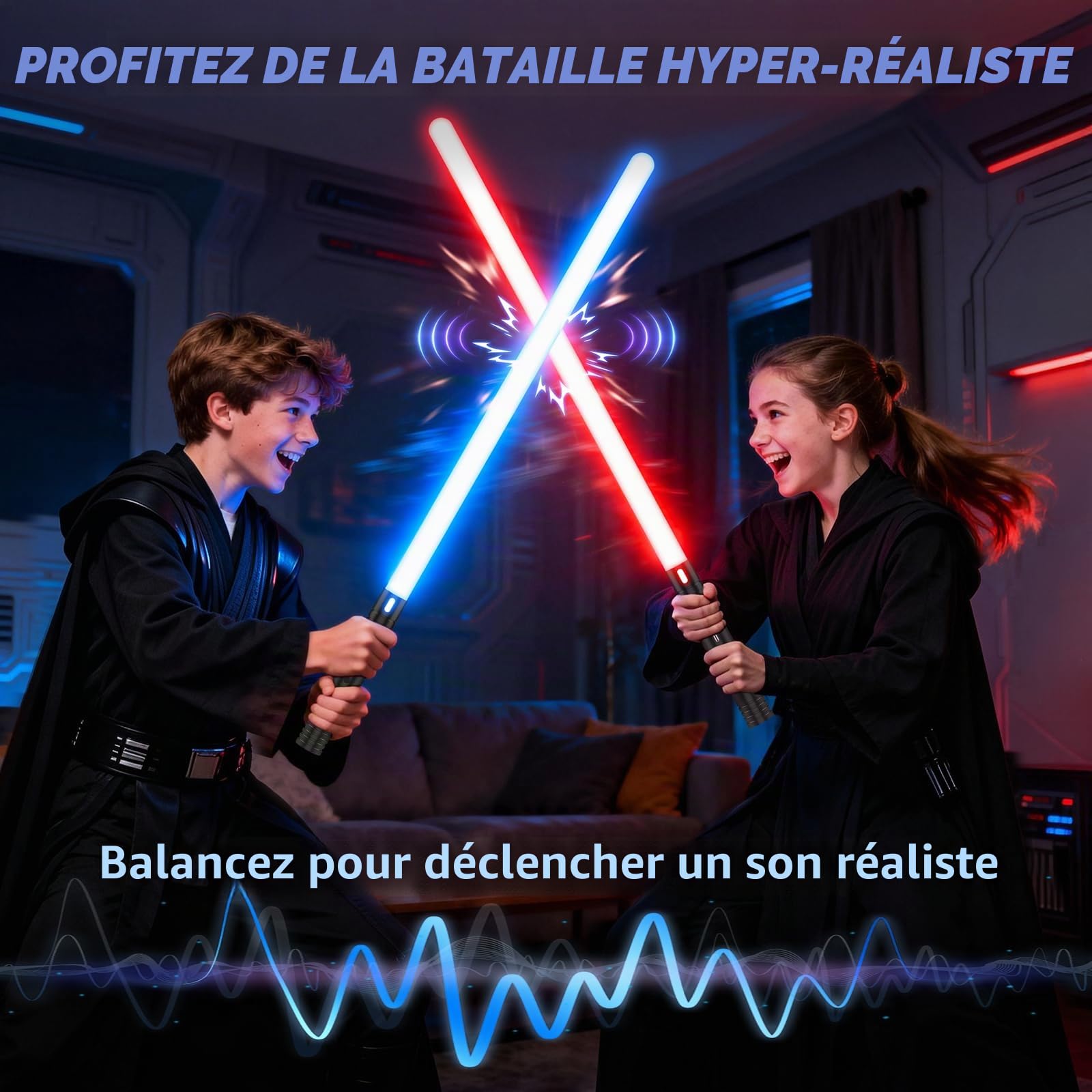 Sabre Laser 2 Pièces, Sabre Laser pour Enfants RGB 15 Couleurs, Epées Laser Rechargeable avec Effets sonores FX, Jouet pour Enfants, Halloween, Jeu de rôle Guerrier Galactique(74CM 2PC)