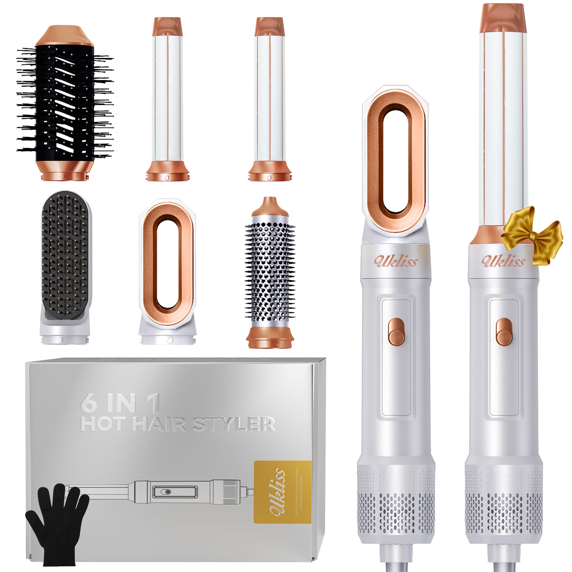 Secador Pelo Profesional 6 en 1, UKLISS Airstyler Set con Rizador Pelo Automatico, Hair Dryer, Cepillo Alisador Pelo, Thermal Brush, Cepillo Secador Hairstyler Set Regalos para Mujeres Styling -Blanc