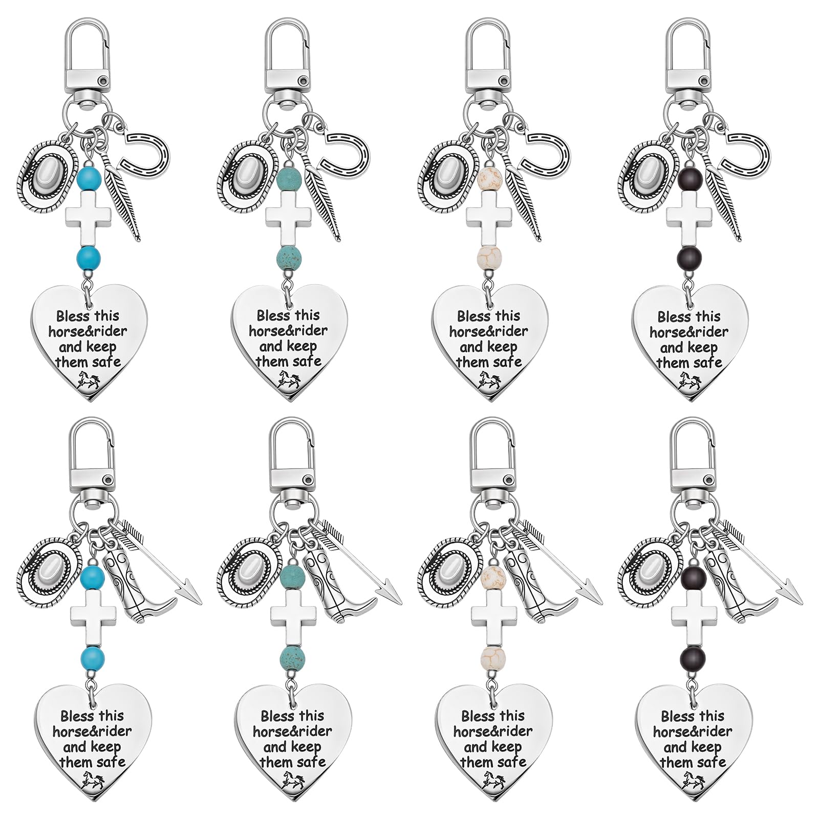 DELORIGIN 8 Colors Horse Saddle Bridle Charms Bless This Horse Rider Keep Safe Bridle Ornaments Alloy Riding Clips with Cowboy Cross Turquoise Pendants Tack Accessories Jewelry for Equestrians Gift