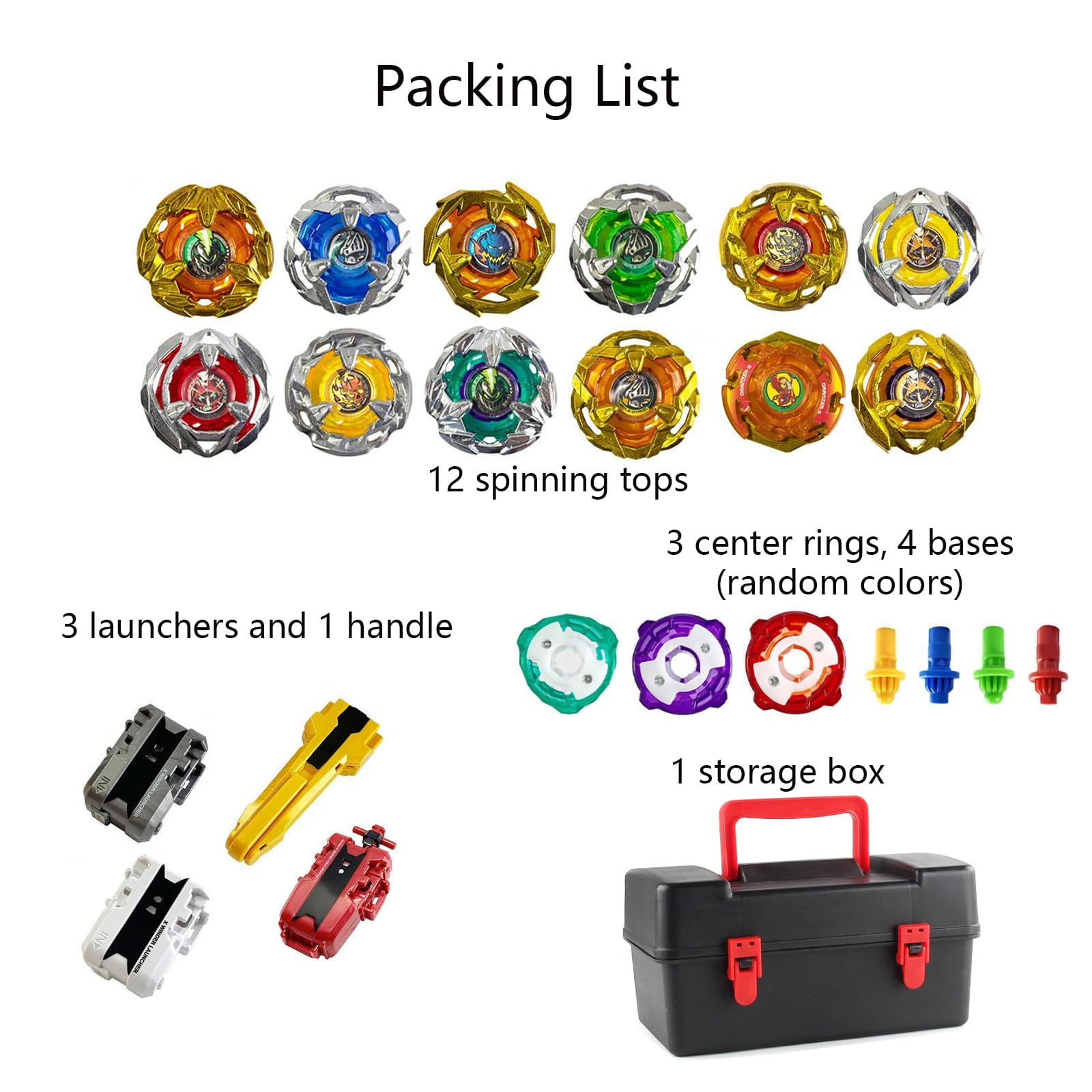 Battling Tops, 12 Kreisel, 3 Werfer, 1 Griff, 3 Mittelringe und 4 Basen, mit Aufbewahrungsbox, Geburtstagsgeschenk，BB