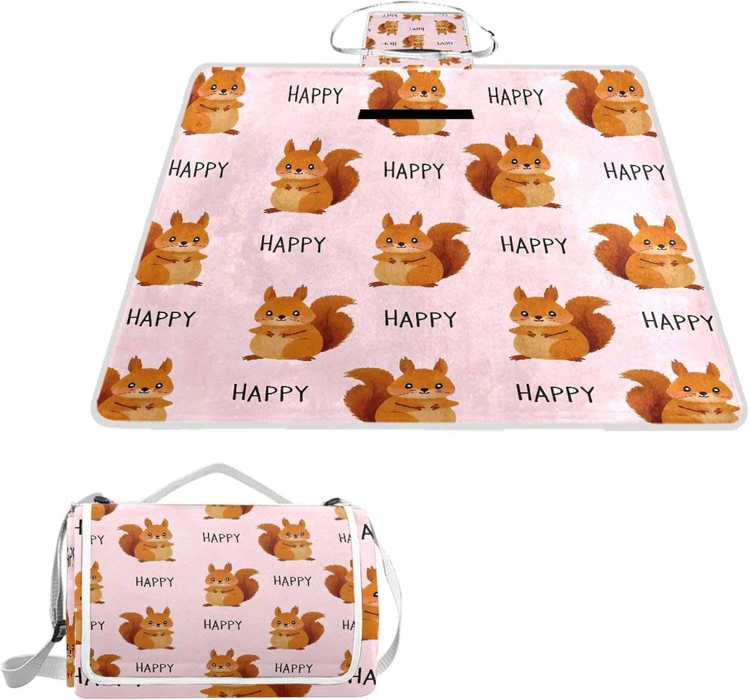 MNSRUU Picnic Blanket Waterproof Foldable, Cute Squirrel Large Outdoor Picnic Blanket Beach Blankets Camping Blanket Travel Mat, Shoulder Strap Tote, Rectangle 57x59in