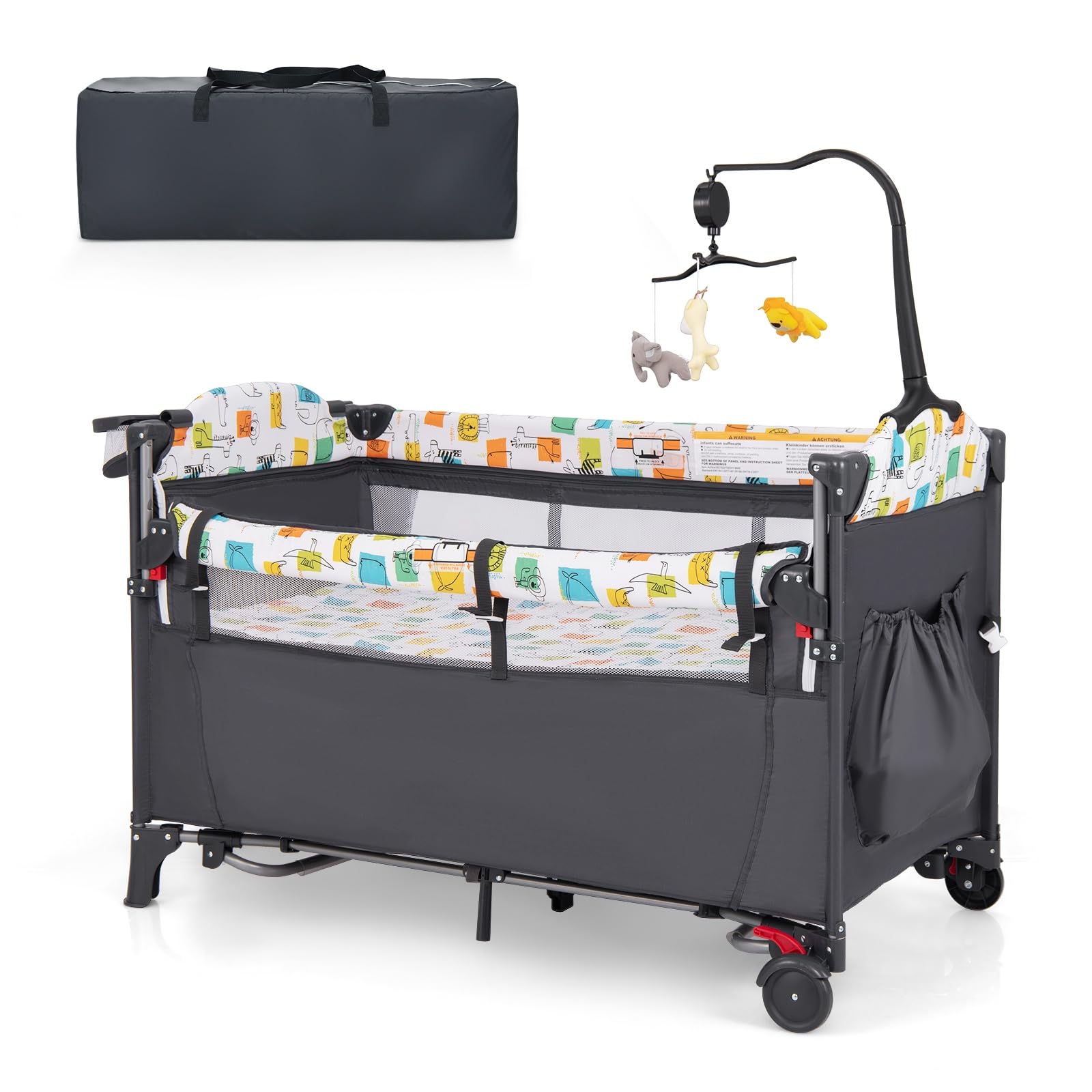 DREAMADE 5 in 1 Reisebett mit Matratze 120 x 60cm, Höhenverstellbar Beistellbett mit Wickeltisch, Spieluhr & Spielzeug, Babybett Babyschaukel für Baby ab Geburt (Grau)