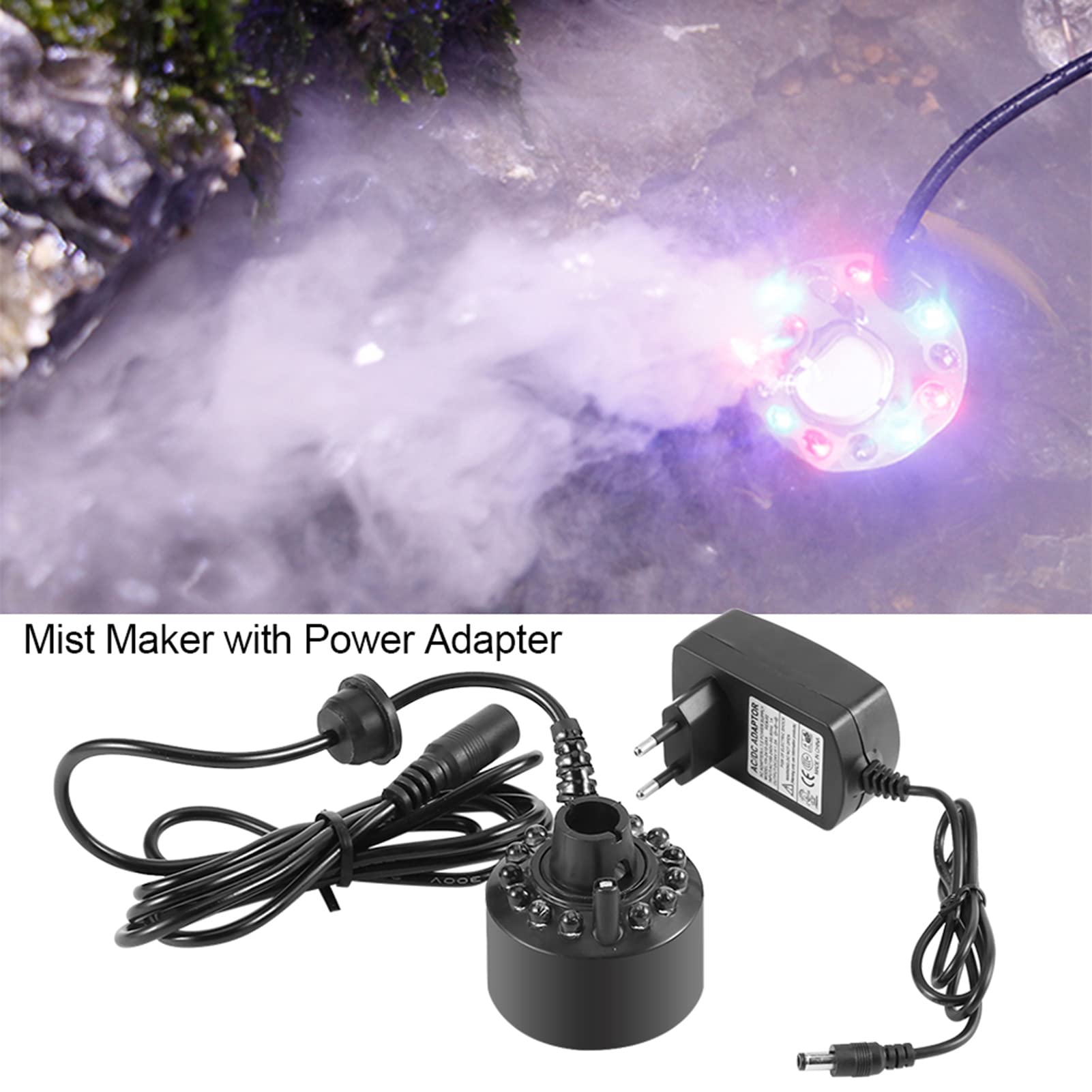 Akozon Creatore di Nebbia, per Laghetto con Fontana d'Acqua con Adattatore Nebler di Alimentazione 110 240 V Spina Americana 1 Pezzo 12 LED Creatore di Nebbia Colorato