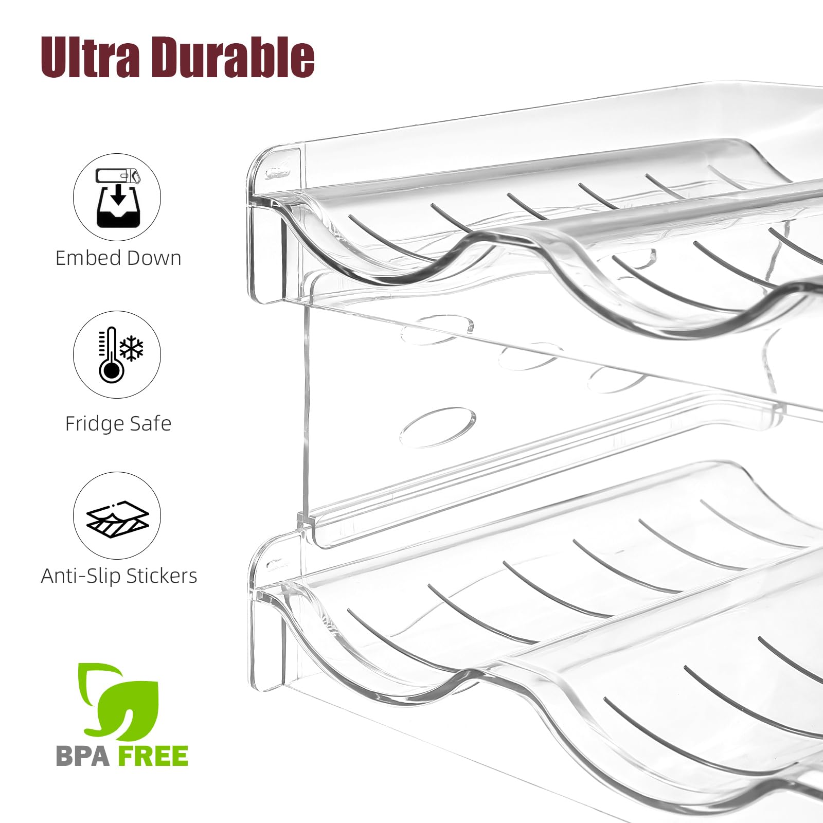 Estante de vino para encimera, nevera, armario interior, soporte de plástico de 2 niveles para botellas de vino, organizador de botellas de agua para refrigerador, despensa, capacidad para 8 5