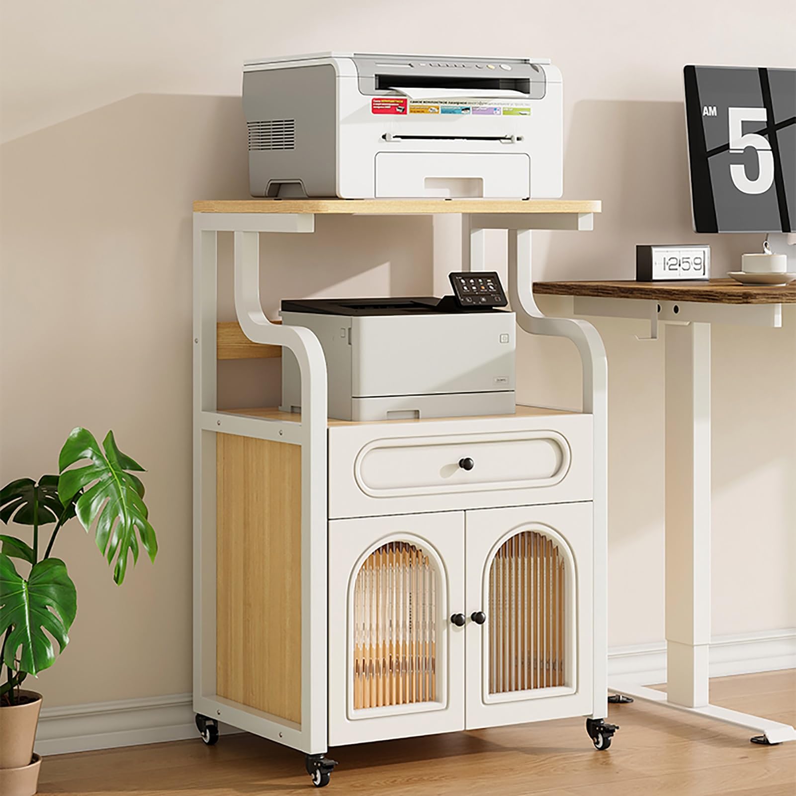 Druckerschrank, Druckertisch mit Schublade, Tisch mit Rollen, Groß Druckerständer, Drucker Tisch für Homeoffice(Natural)