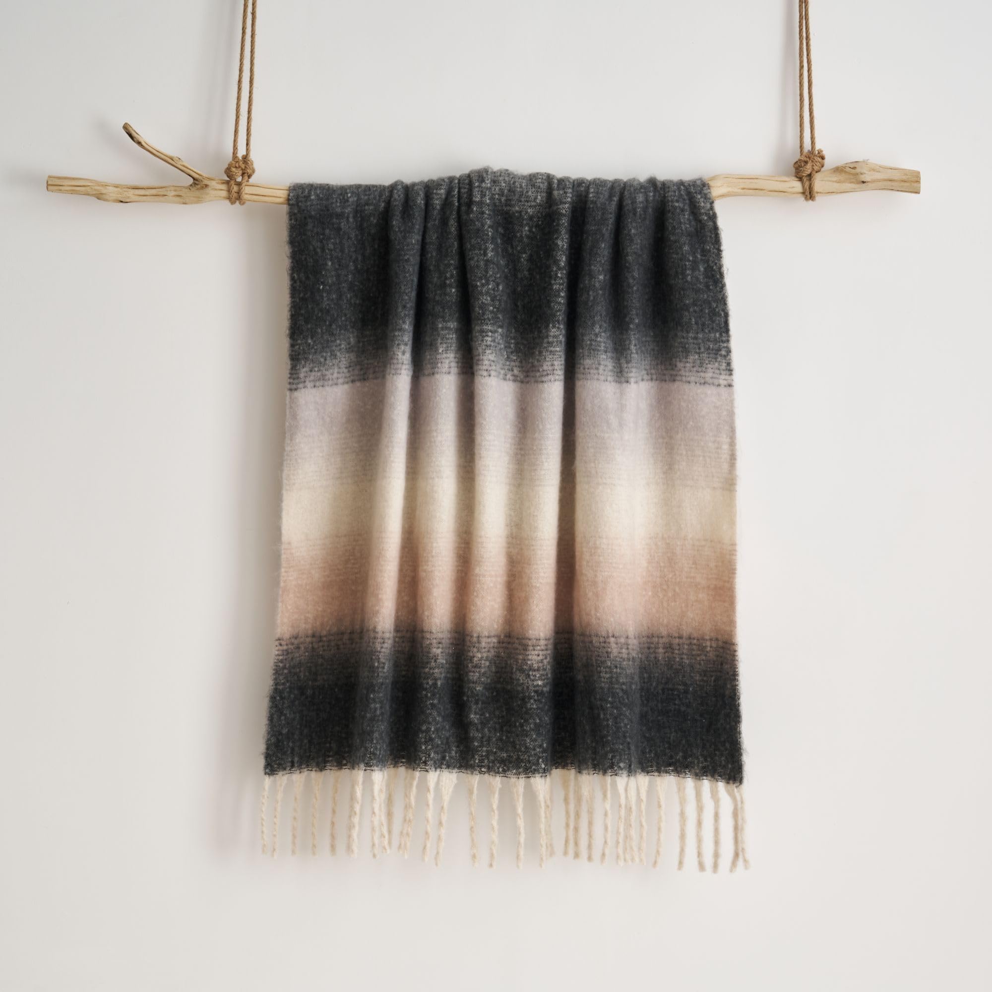 Grey Ombre Faux Mohair Throw Blanket - Soft Fringed 130x170cm