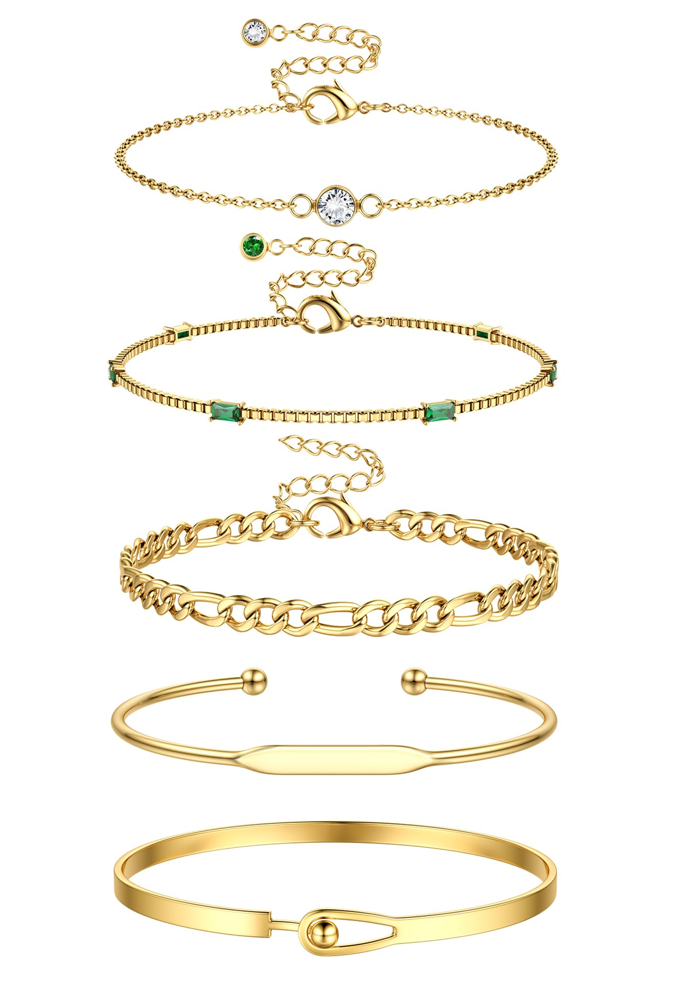 KRFY 5piezasPulseras de Oro Para Las Mujeres 14K Oro Chapado Pulsera Puño Pulsera de Tenis Conjunto Pulseras de Pila Ajustable Figaro Verde CZ Cadena