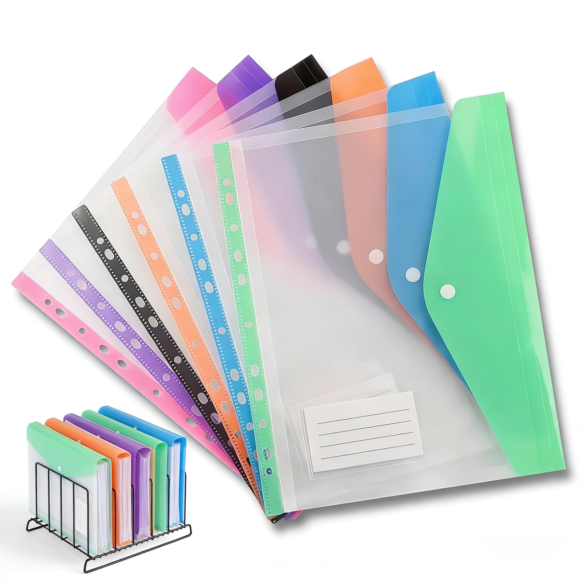 Plastic Wallets A4 Punched Pockets 6 Pack,11 Holes Expandable Binder Folders Transparent Document Folder with Snap Button & Label for 2/3/4 Ring Binder Office School Home Supplies