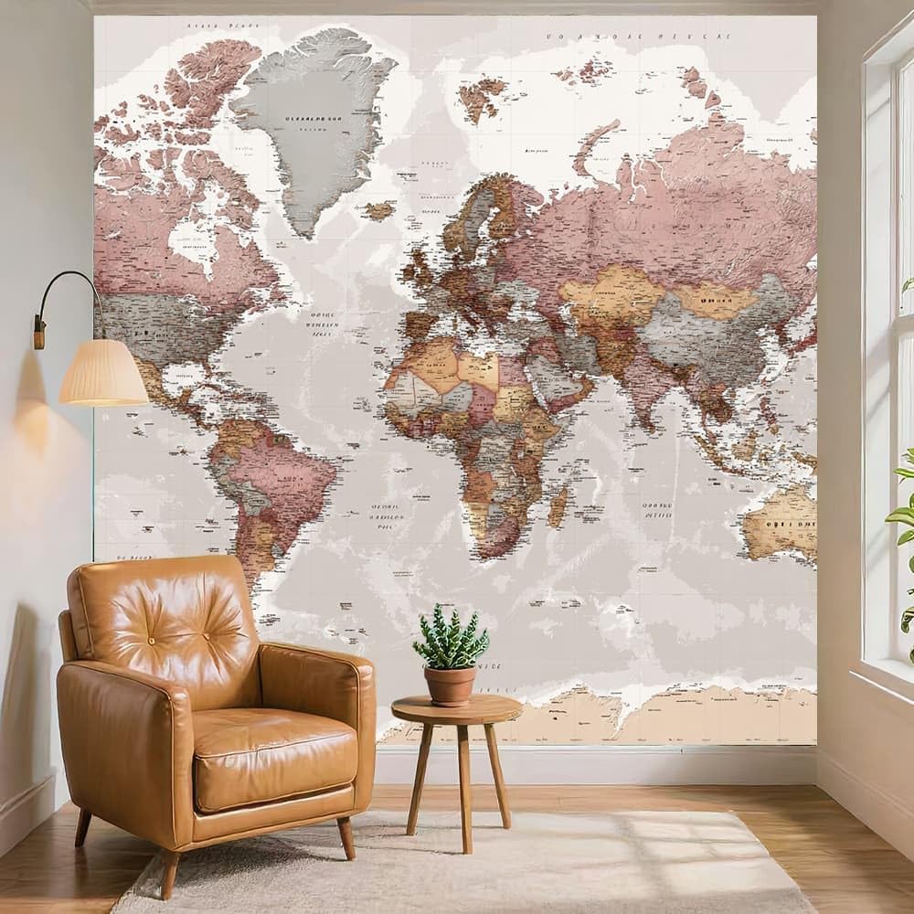 Genérico Home Decor fototapeta 350x256cm mapa świata retro panoramiczna tapeta wymienna do odklejenia i przyklejenia szara do salonu sypialni, jadalni HD tapeta
