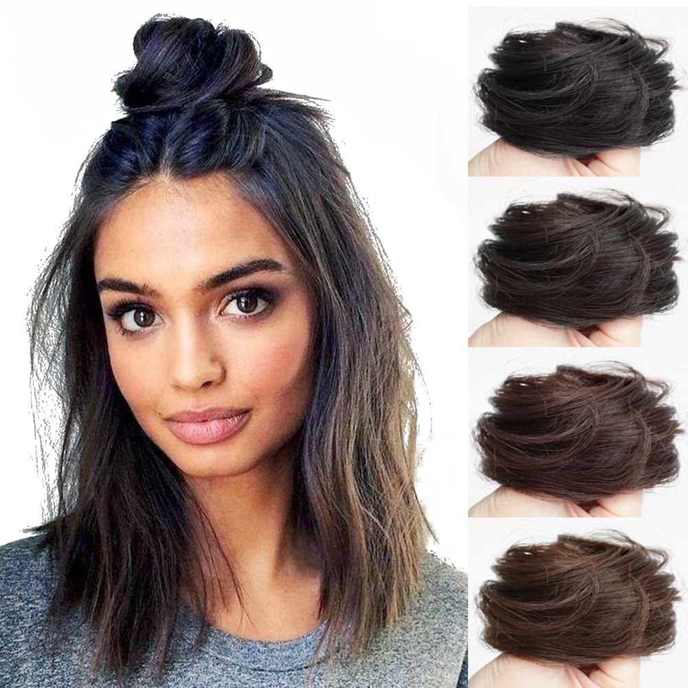 Human Hair Messy Elastic Rubber Band Premium Chignon Wrap On Tousled Scrunchie Hair Bun Extensions Updo Donut Ponytail Hairpiece Light Brown