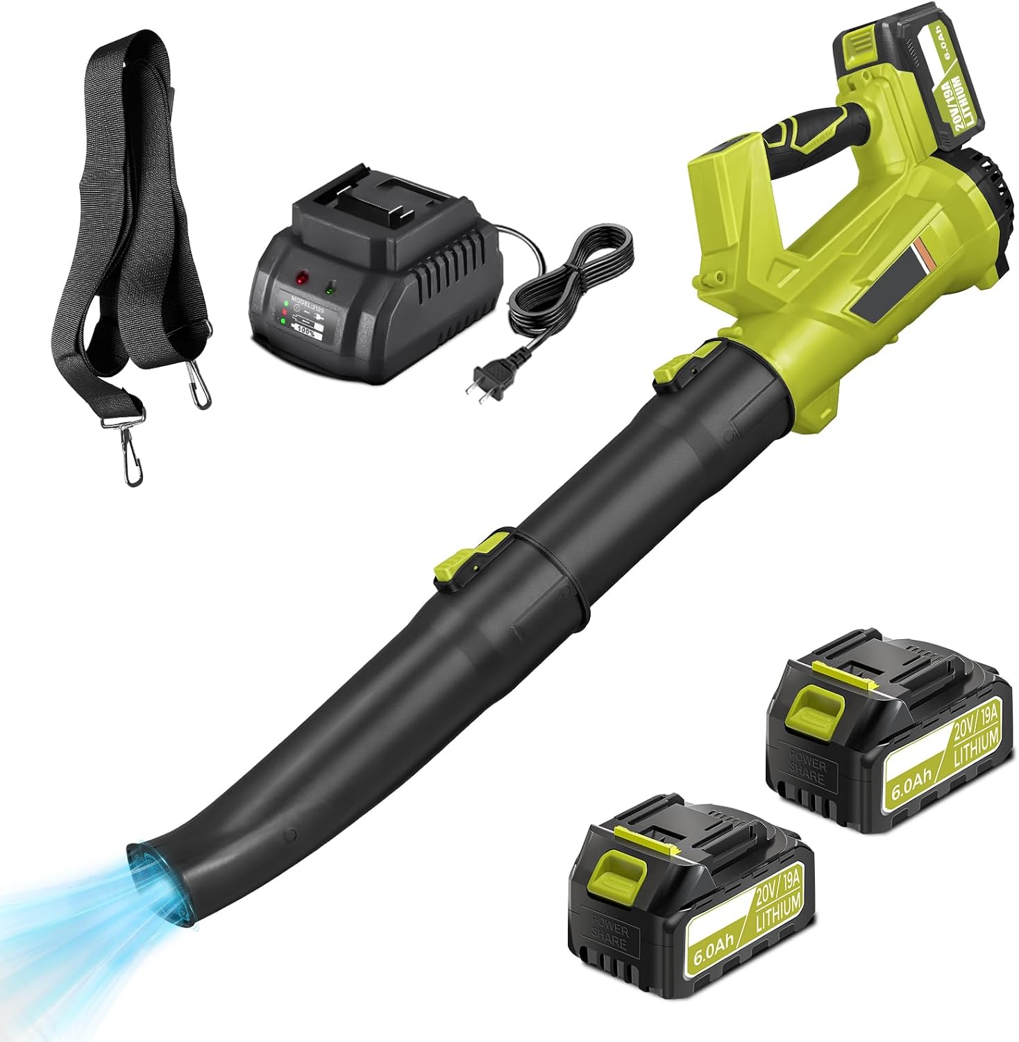 Cordless Leaf Blower with Battery and Charger?540 CFM/170 MPH,Battery Powered with 2 x 6.0Ah Batteries,6-Speed & Turbo Mode,Lightweight for Lawn Care,Patio,Leaves,Dust,and Snow Removal,Green