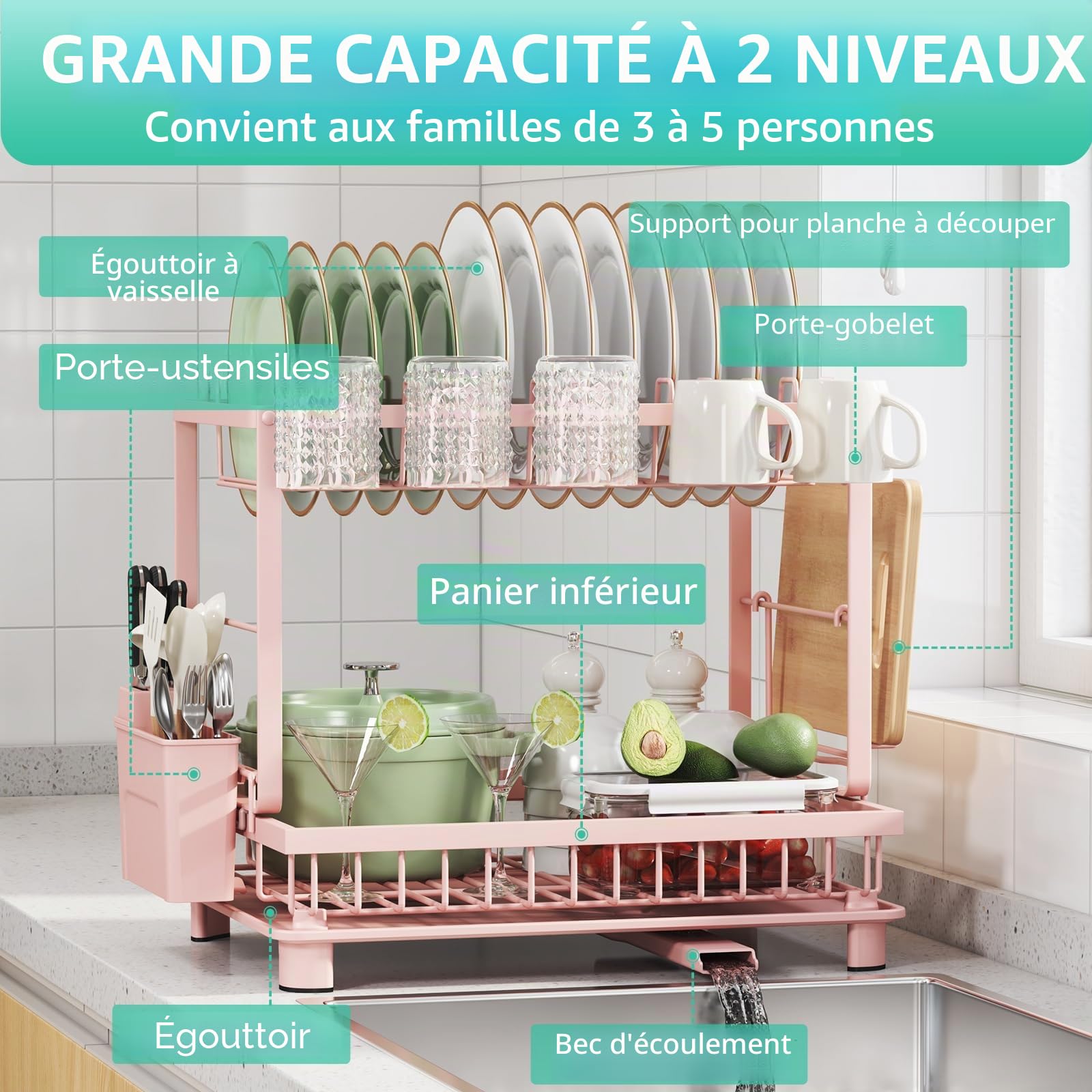 Égouttoir à Vaisselle Multifonction à 2 Niveaux, antirouille avec égouttoir, ustensiles et Porte-gobelets pour comptoir de Cuisine, Rose