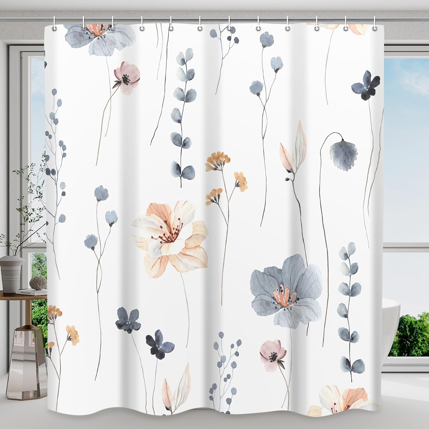 Shower Curtain Watercolor Flower Shower Curtain Sets - Spring Blue Beige Floral Plant Shower Curtains for Bathroom Washable?Fabric Modern Polyester with Hooks?72 x 72 Blue Beige 72"W x 72"L (Pack of 1)
