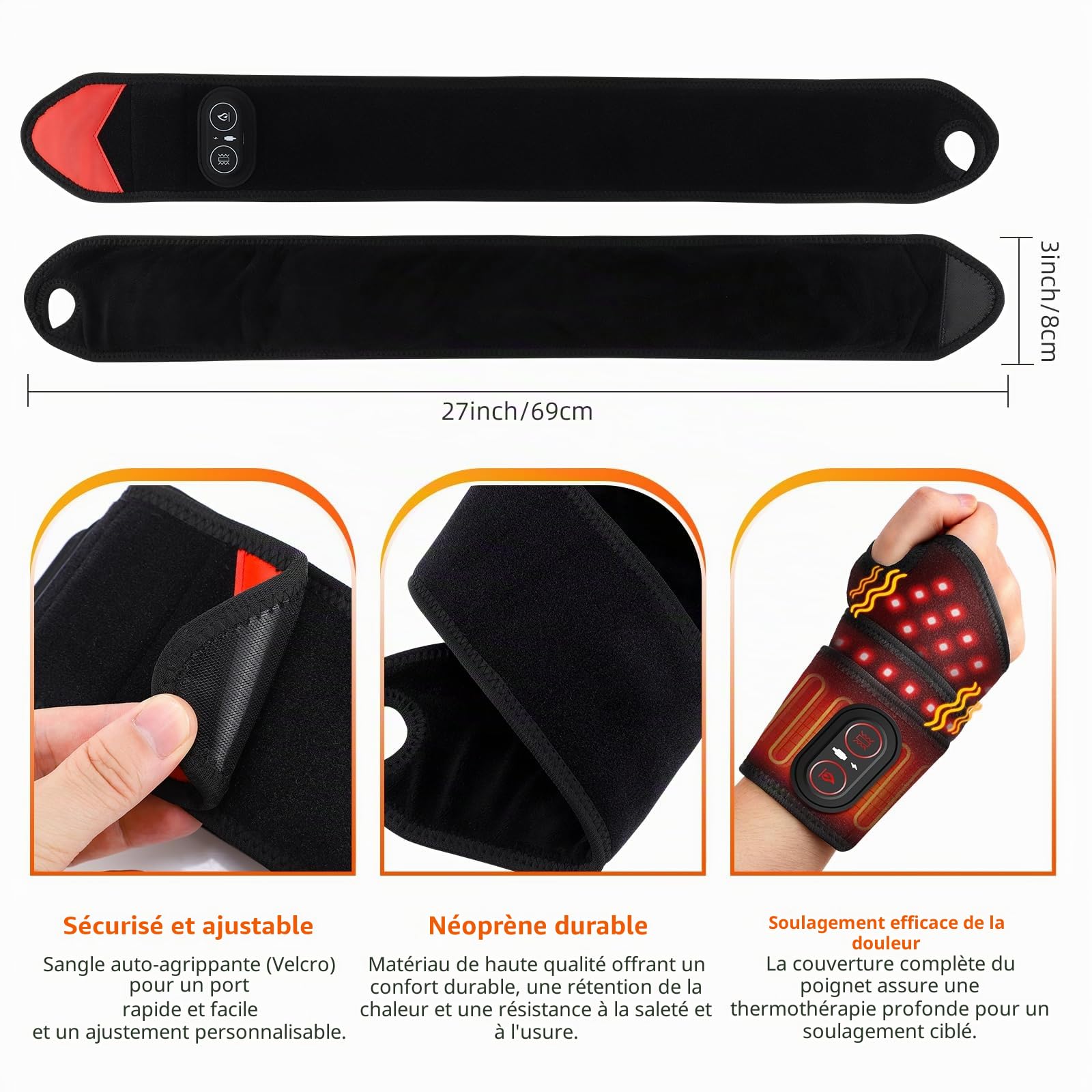 Coussin chauffant du poignet sans fil avec vibrations, 3 modes de chaleur et vibration, massage bras chauffé avec lumière rouge, coussin chauffant pour poignet, main, genou, coudes, chevilles