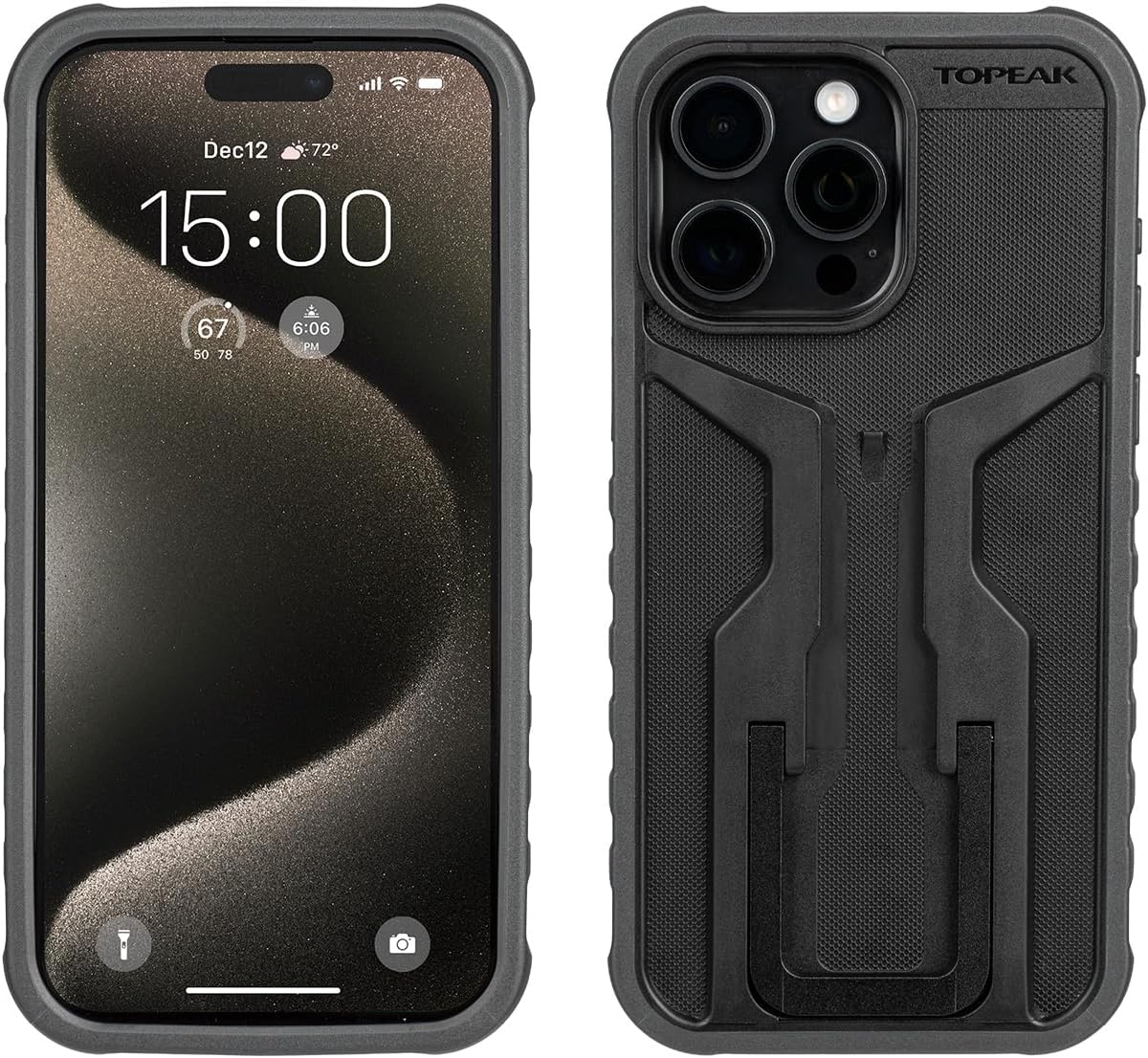 Topeak RideCase with Mount for iPhone 15 Pro Max – Black/Gray – Shock-Resistant Dual-Density Polymer Case with Adjustable Mount, Flip Stand & Type-C Compatibility for Cyclists