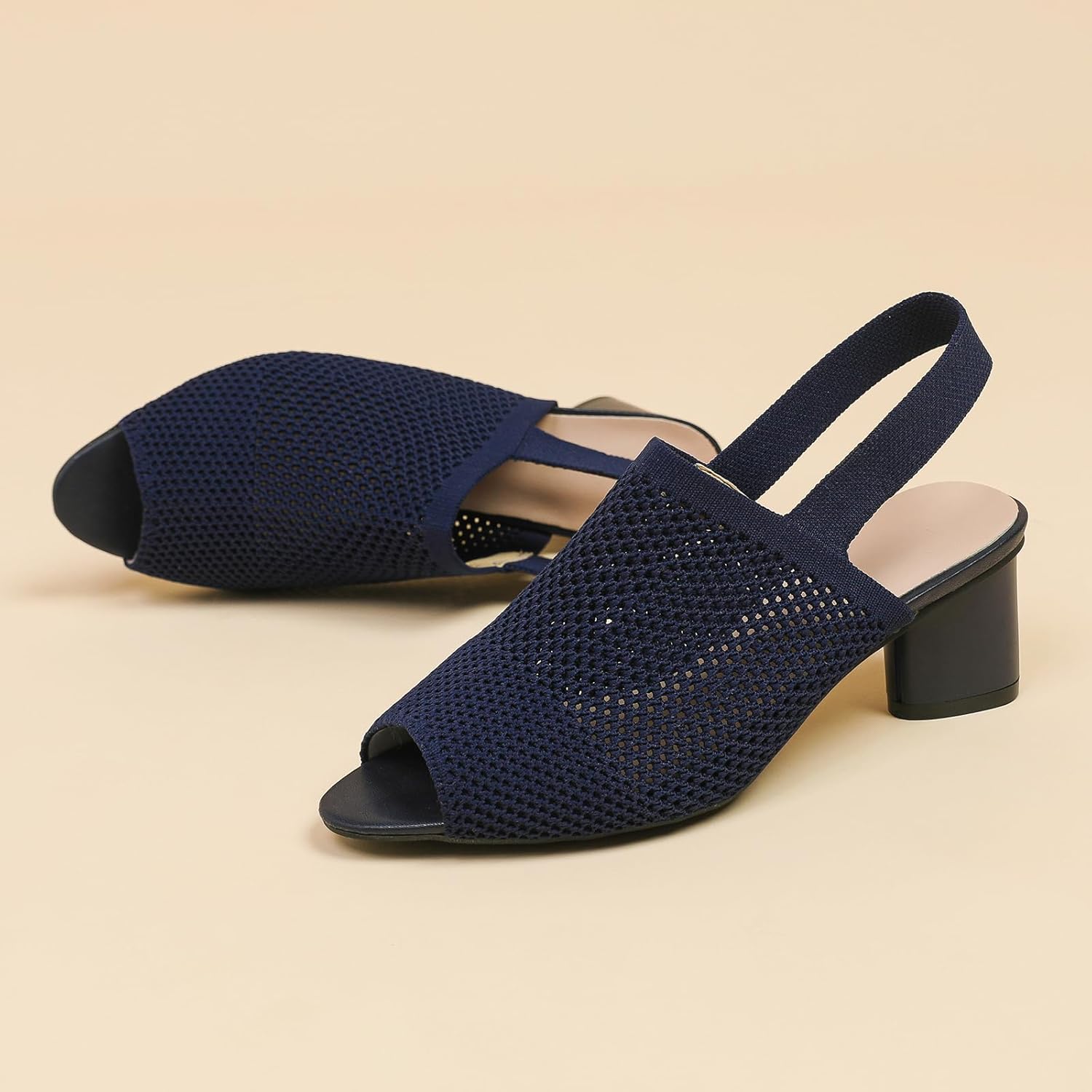 Women's Knit Peep Toe Slingback Chunky Heeled Sandals with Ankle Strap Fashion Open Pointed Toe Cut Out Slip On Backless High Heels Summer Casual Work Office Wedding Dressy Pumps - Image 4