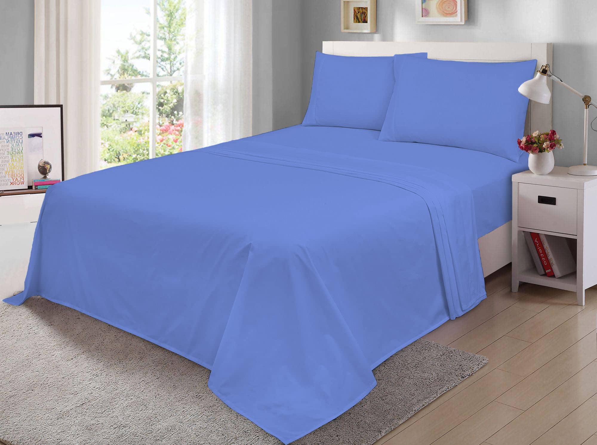 100% Egyptian Cotton Flat Sheet 200 Thread Count Hotel Quality Soft & Crisp Cotton Caravan Campervan Bed Flat Sheet (Blue, Super King)