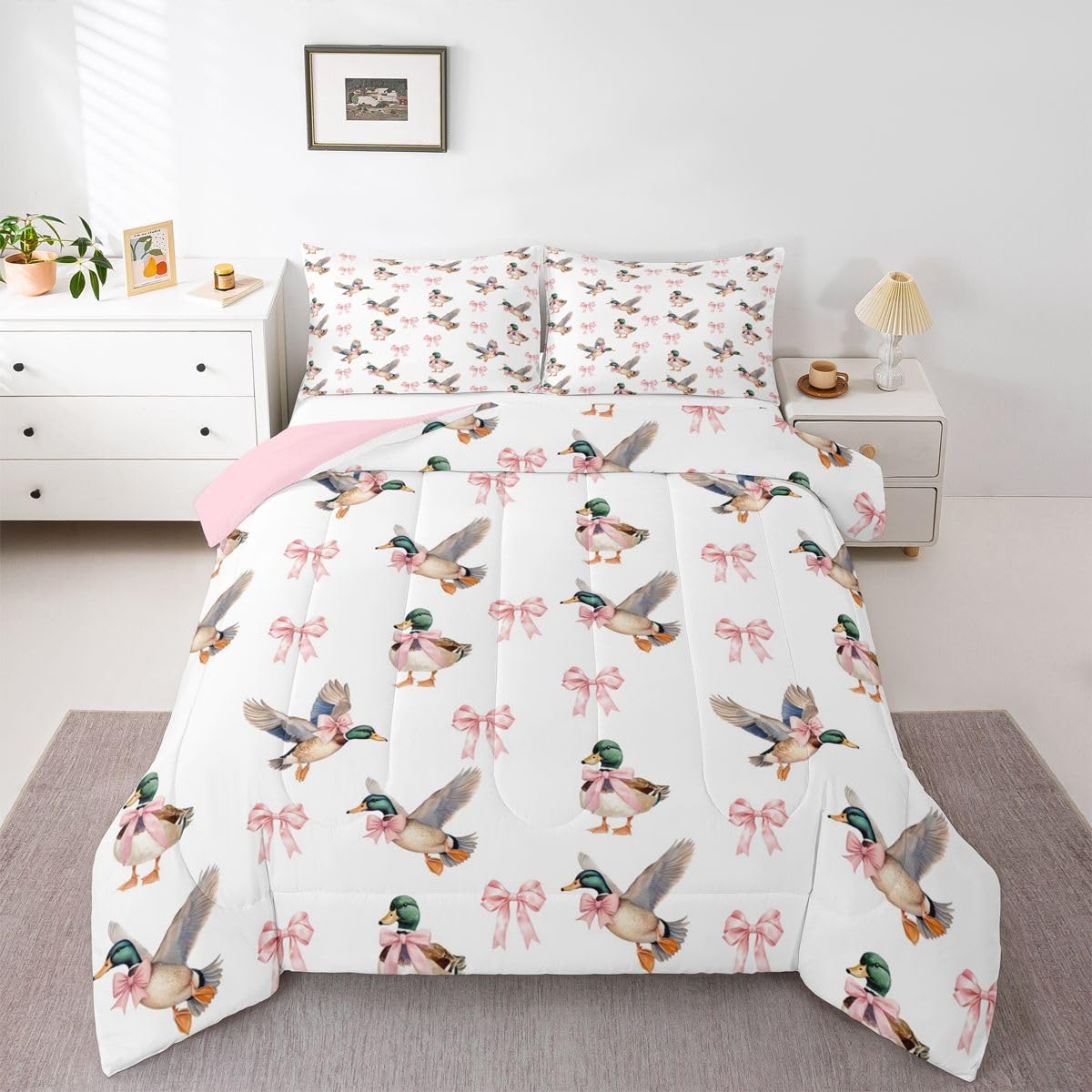 Feelyou Bow Mallard Duck Pink Bedding Set Queen Size,Hunting Duck Bowknot Girly Comforter Set for Kids Teens Room Decor Farmhouse Rustic Quilt