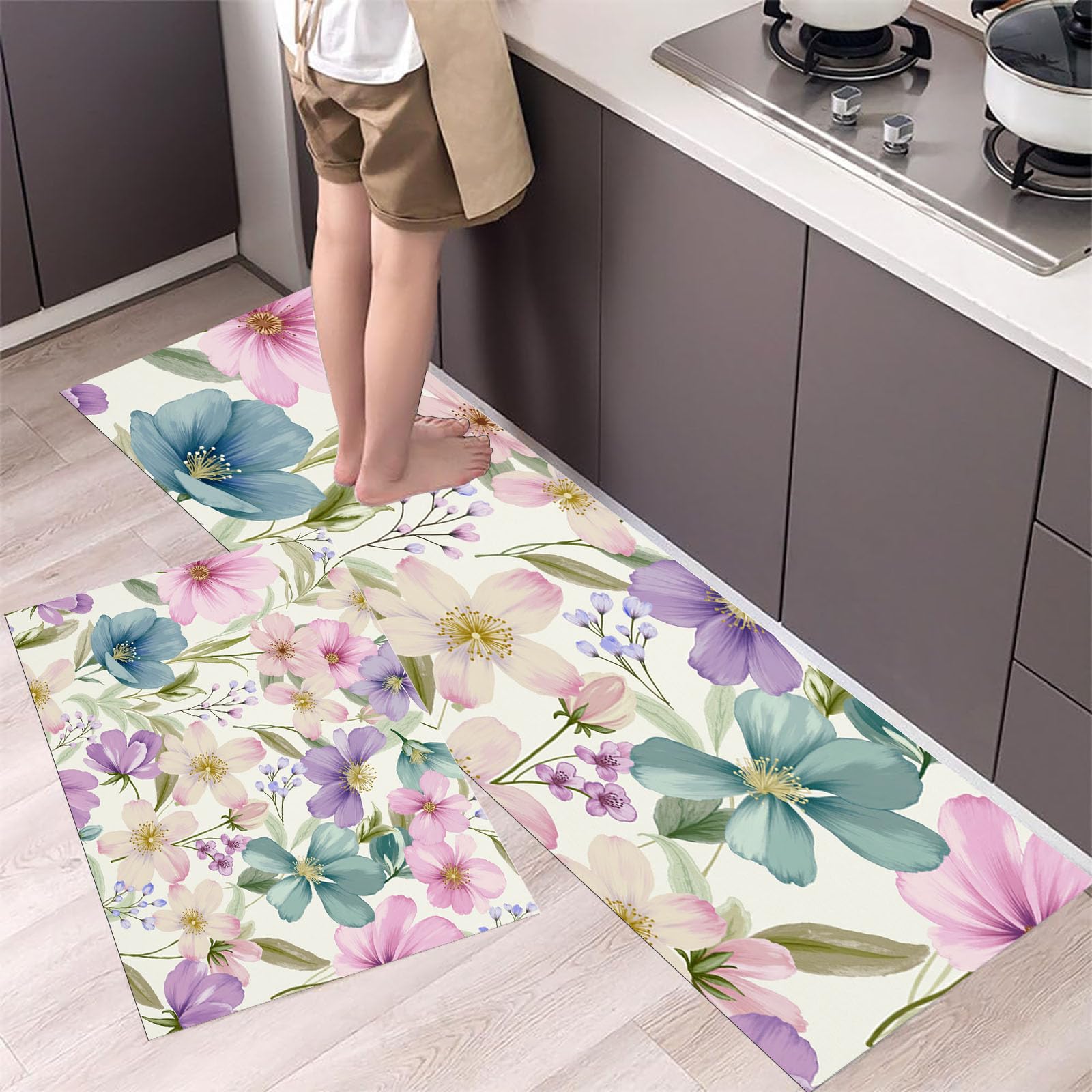Alfombra de cocina antideslizante con diseño de flores lavable y set anti-fatiga para pasillo