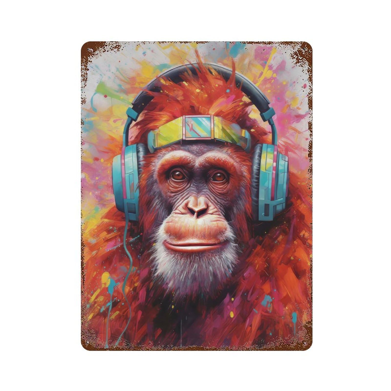Rust Effect Orangutan with Headphones Rusty Metal Tin Sign 15.7"x11.8", Rustic Home Decor for Living Room, Hallway And Home Decor